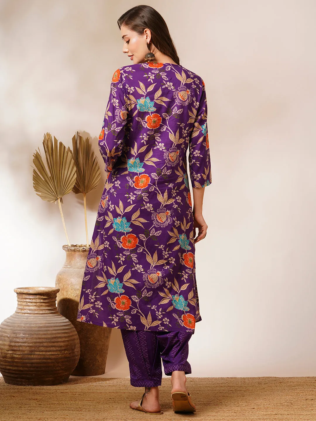 Abstract Floral Printed & Embroidered Straight Fit Kurta with Pant - Deep Purple