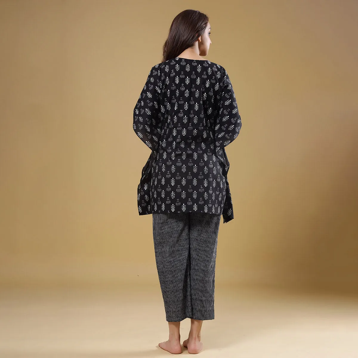 Autumn Leaves with Contrast Stripes on Black Kaftan Pyjama