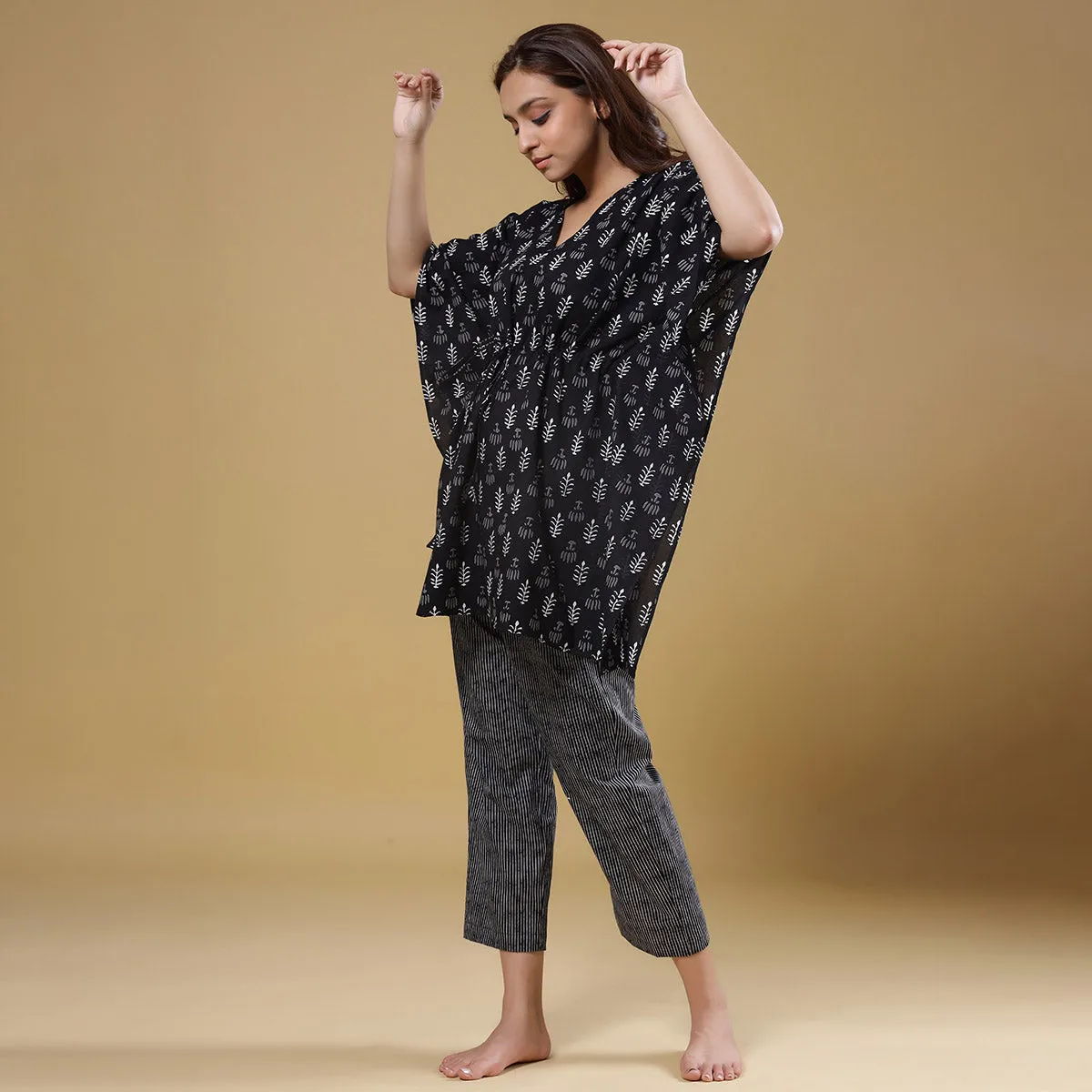 Autumn Leaves with Contrast Stripes on Black Kaftan Pyjama