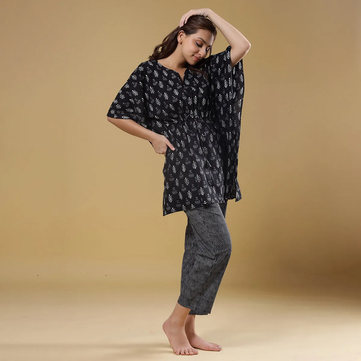Autumn Leaves with Contrast Stripes on Black Kaftan Pyjama