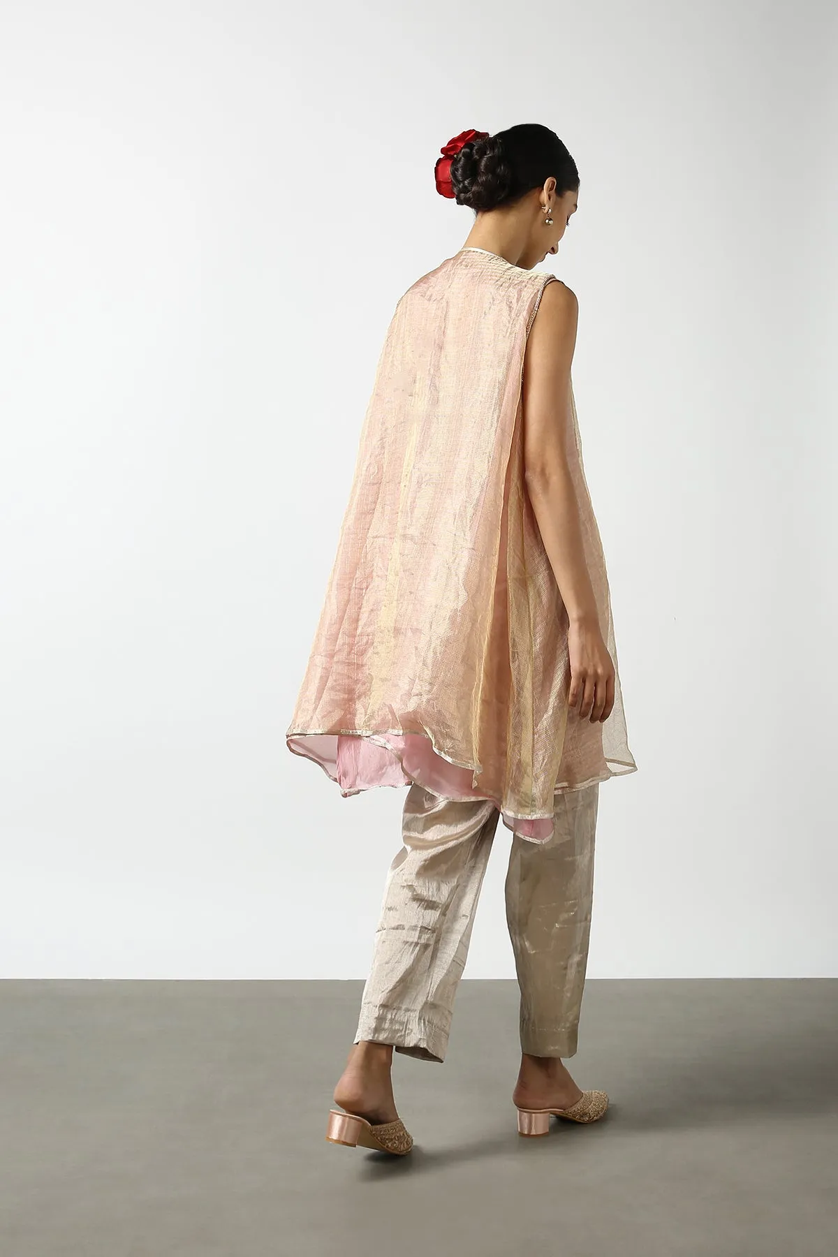 Banarasi Georgette Tissue Flare With Kanchi Gold and Silver Strip Yoke. Kanchi Tissue Pant.