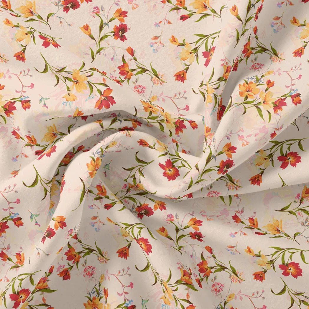 Beautiful Peach Calico Flowed Digital Printed Fabric - Poly Muslin