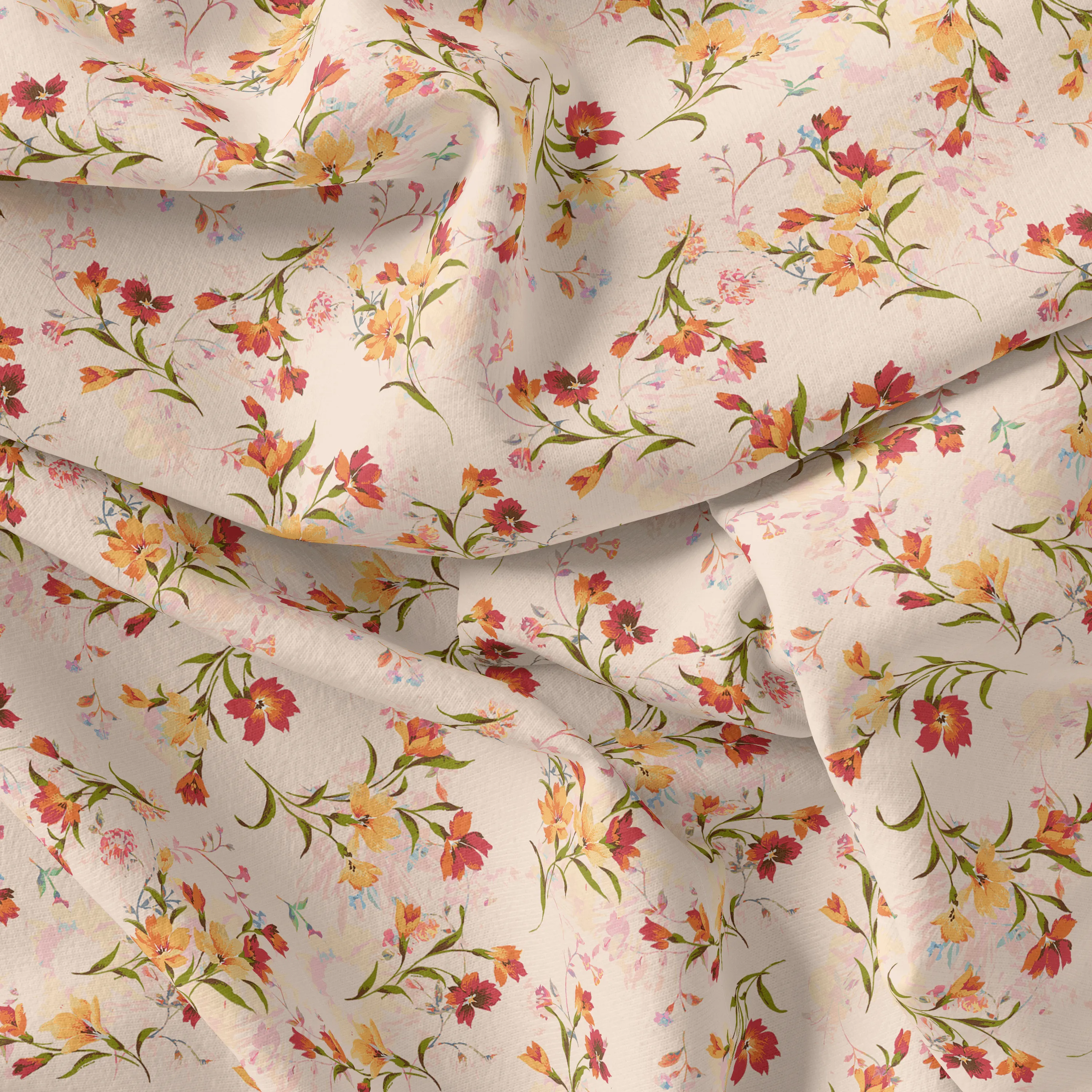 Beautiful Peach Calico Flowed Digital Printed Fabric - Poly Muslin