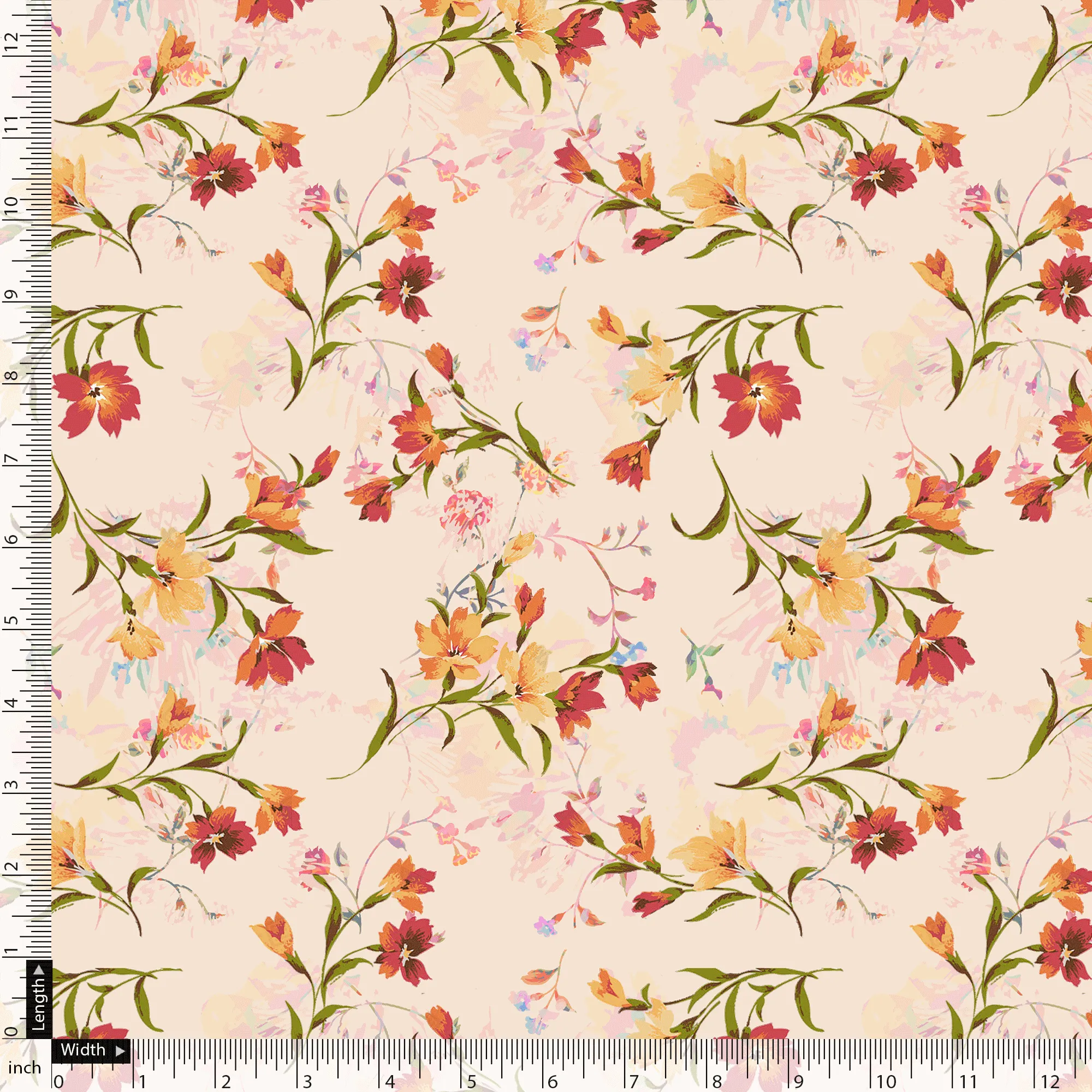 Beautiful Peach Calico Flowed Digital Printed Fabric - Poly Muslin