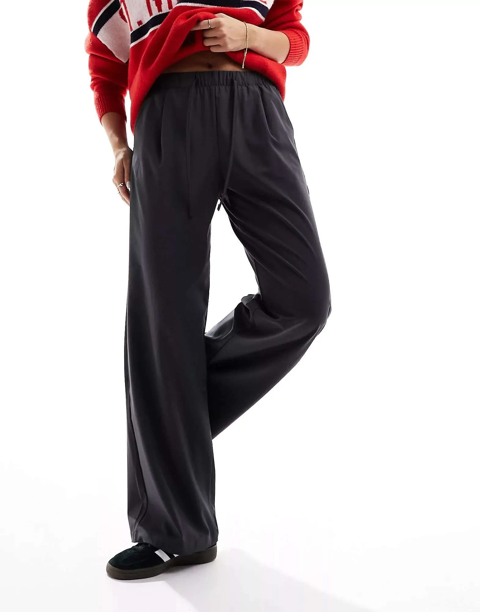 Bershka Tie Waist Trousers in Charcoal Gray