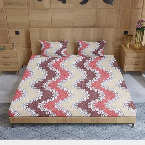 BTF SILK Home 3pc bedsheet Set -Super Soft Glace Cotton All Round Elastic Fitted Double Bed Bedsheet with 2 Pillow Covers-(Bedsheet Size 78x72 10) (Pillow Size 28x17) (Design-10)