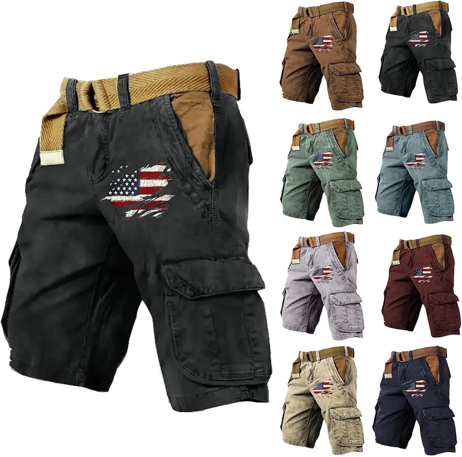 Cargo Shorts for Men Classic American Flag Printed Shorts Washed Distressed Jogging Hiking Pant with Multiple Pockets