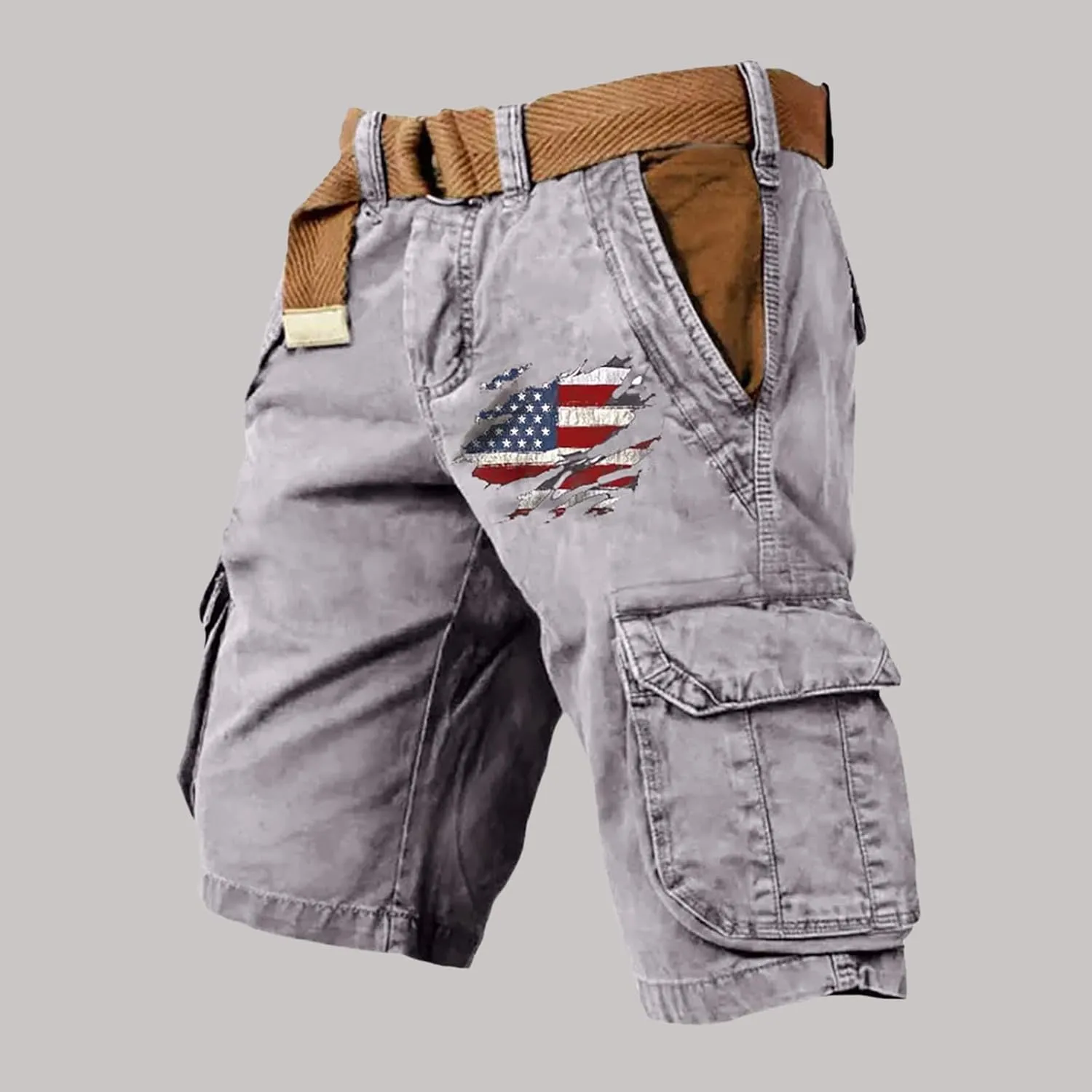 Cargo Shorts for Men Classic American Flag Printed Shorts Washed Distressed Jogging Hiking Pant with Multiple Pockets
