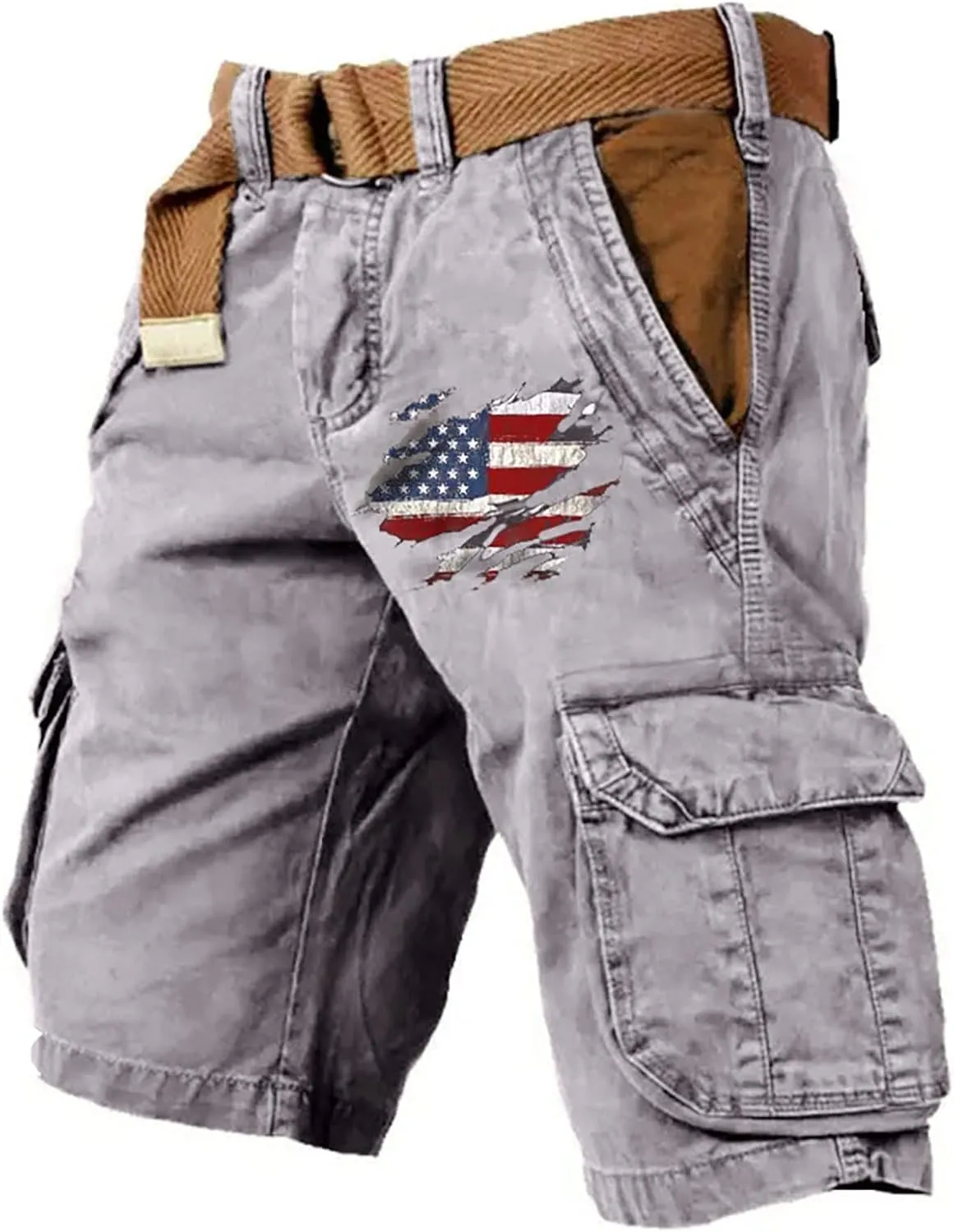 Cargo Shorts for Men Classic American Flag Printed Shorts Washed Distressed Jogging Hiking Pant with Multiple Pockets