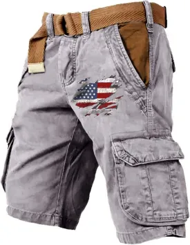 Cargo Shorts for Men Classic American Flag Printed Shorts Washed Distressed Jogging Hiking Pant with Multiple Pockets