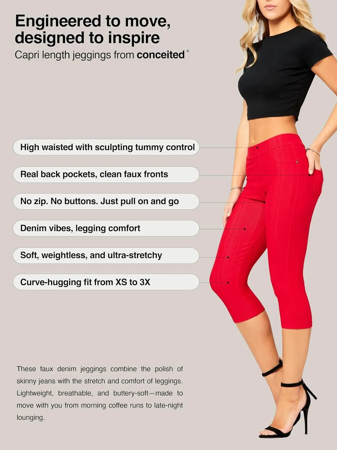 Conceited Jeggings for Women with Pockets - High Waist - Tummy Control Shaping - Regular and Plus Size
