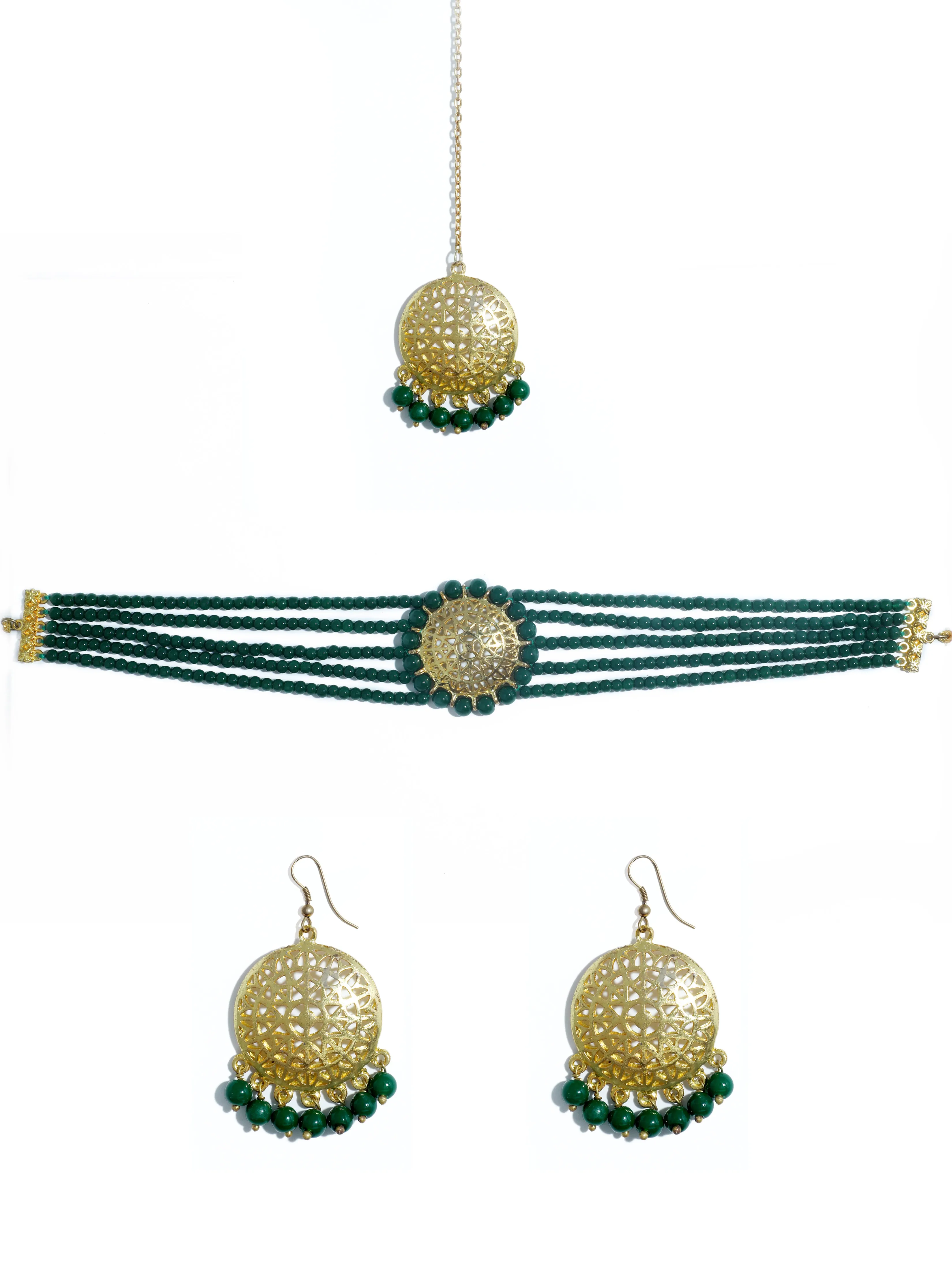 Dark Green Beaded Choker Necklace Set
