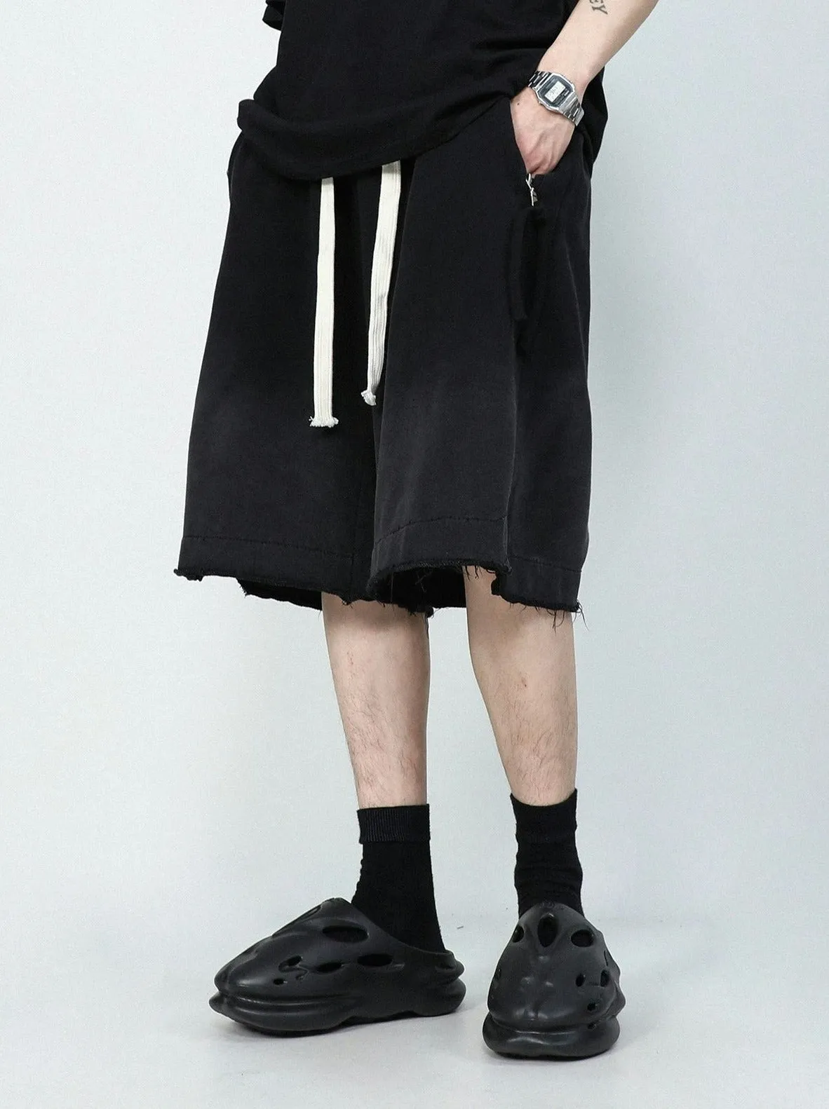 Drawstring Waist Raw Hem Longline Shorts