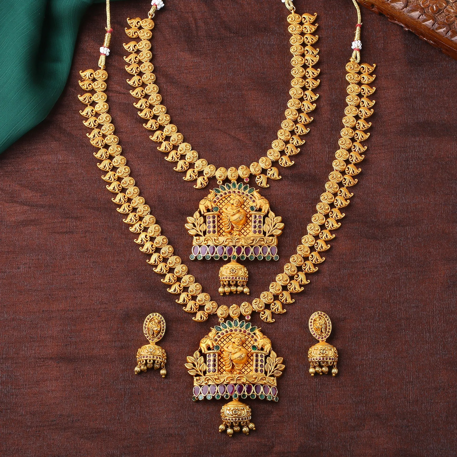 Estele Gold Plated CZ Kanhaiya Designer Bridal Necklace Set Combo with Color Stones & Pearls