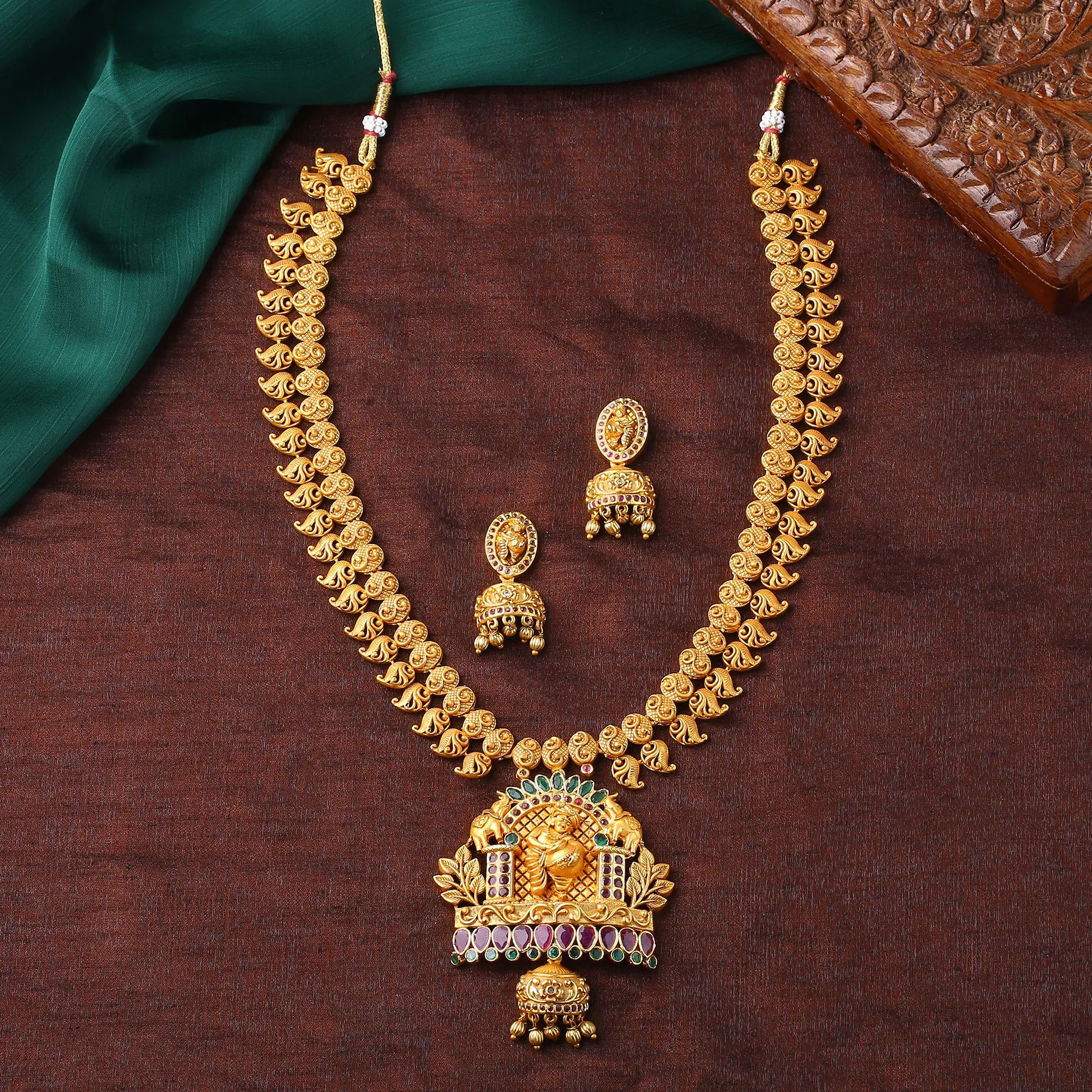 Estele Gold Plated CZ Kanhaiya Designer Bridal Necklace Set Combo with Color Stones & Pearls