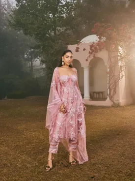 Lavender Georgette Kurta Set with Floral Embroidery by Fariha