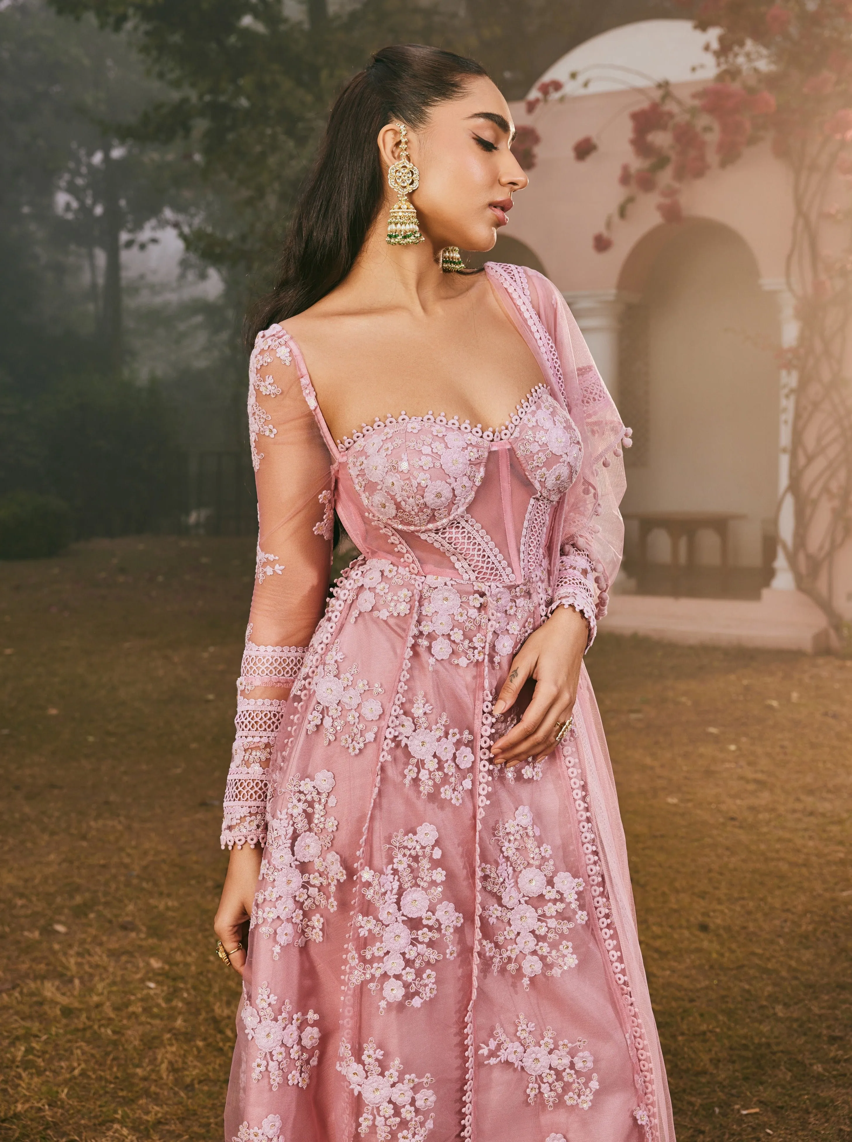 Lavender Georgette Kurta Set with Floral Embroidery by Fariha