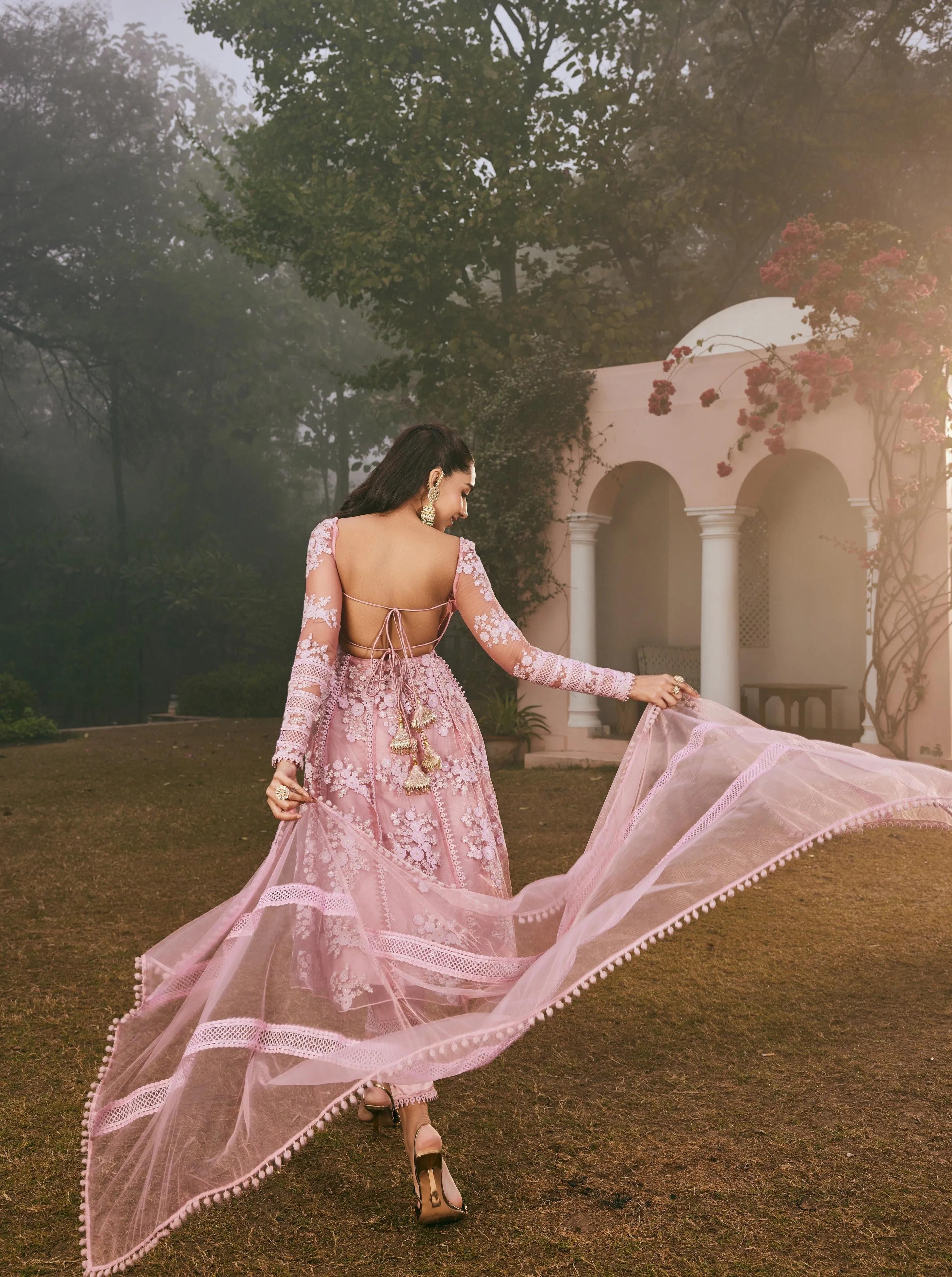 Lavender Georgette Kurta Set with Floral Embroidery by Fariha
