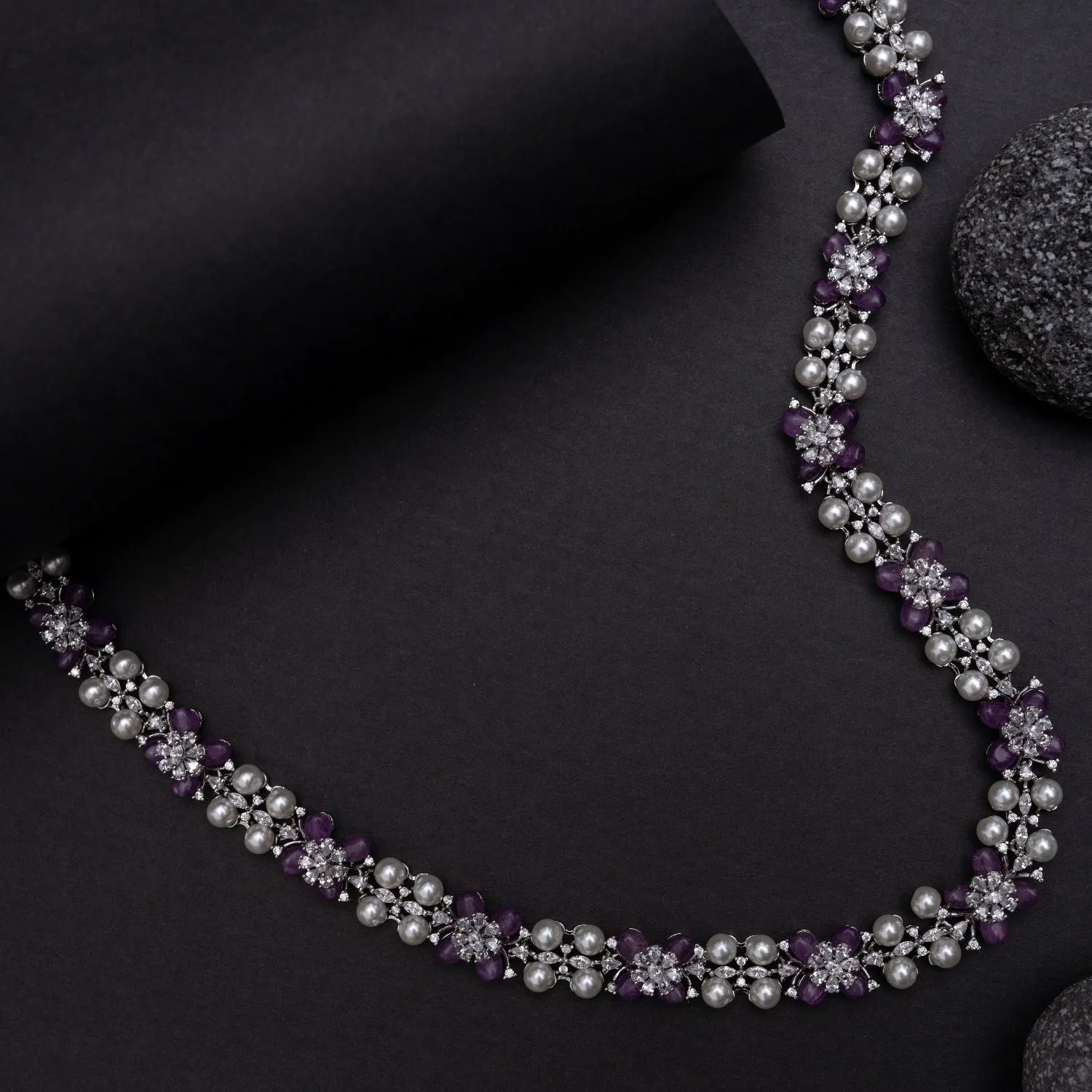 Floral Grace CZ Lavender Beads & Pearl Long Necklace