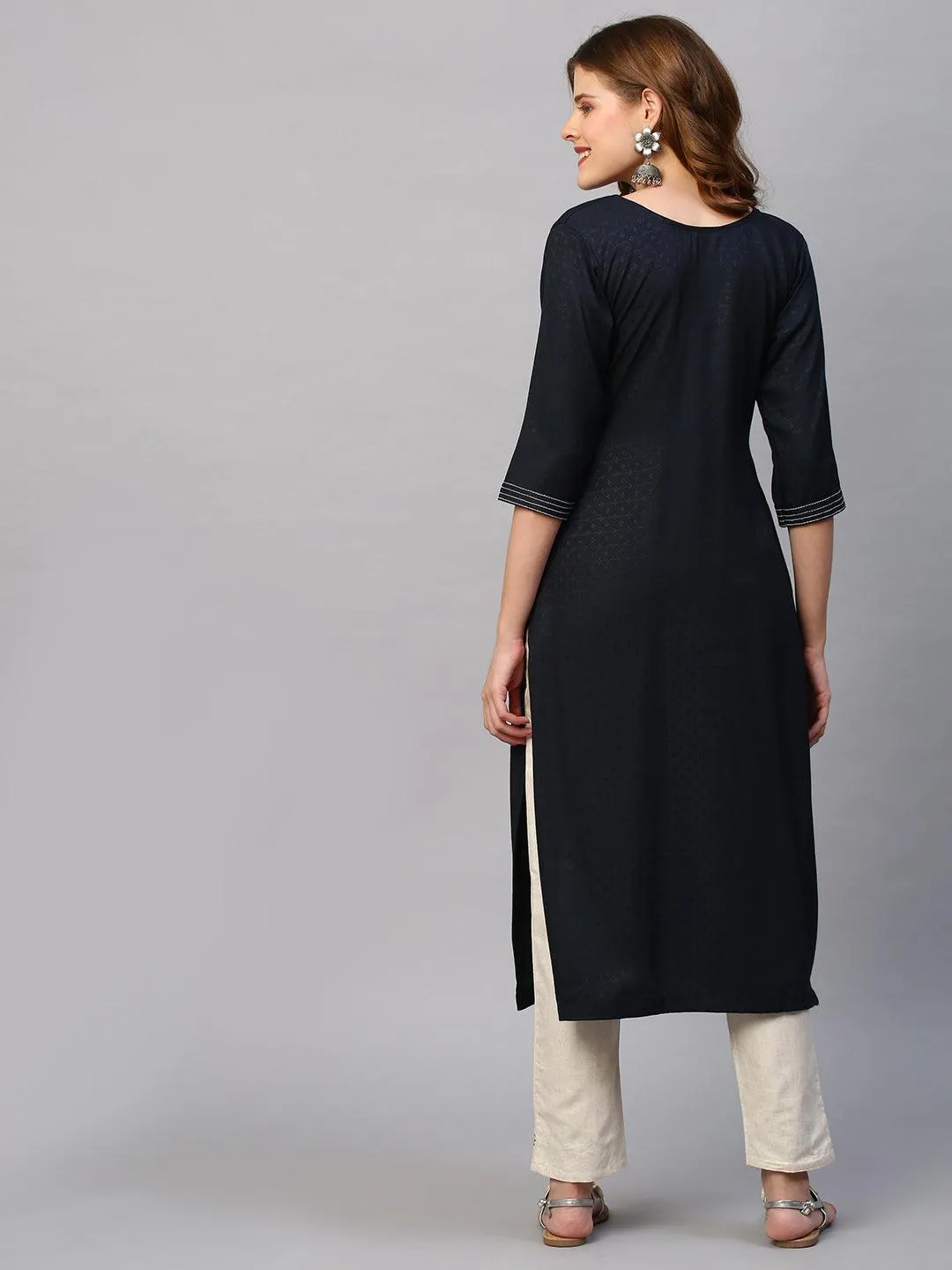 Floral Hand Embroidered Straight Kurta with Pants - Charcoal Gray