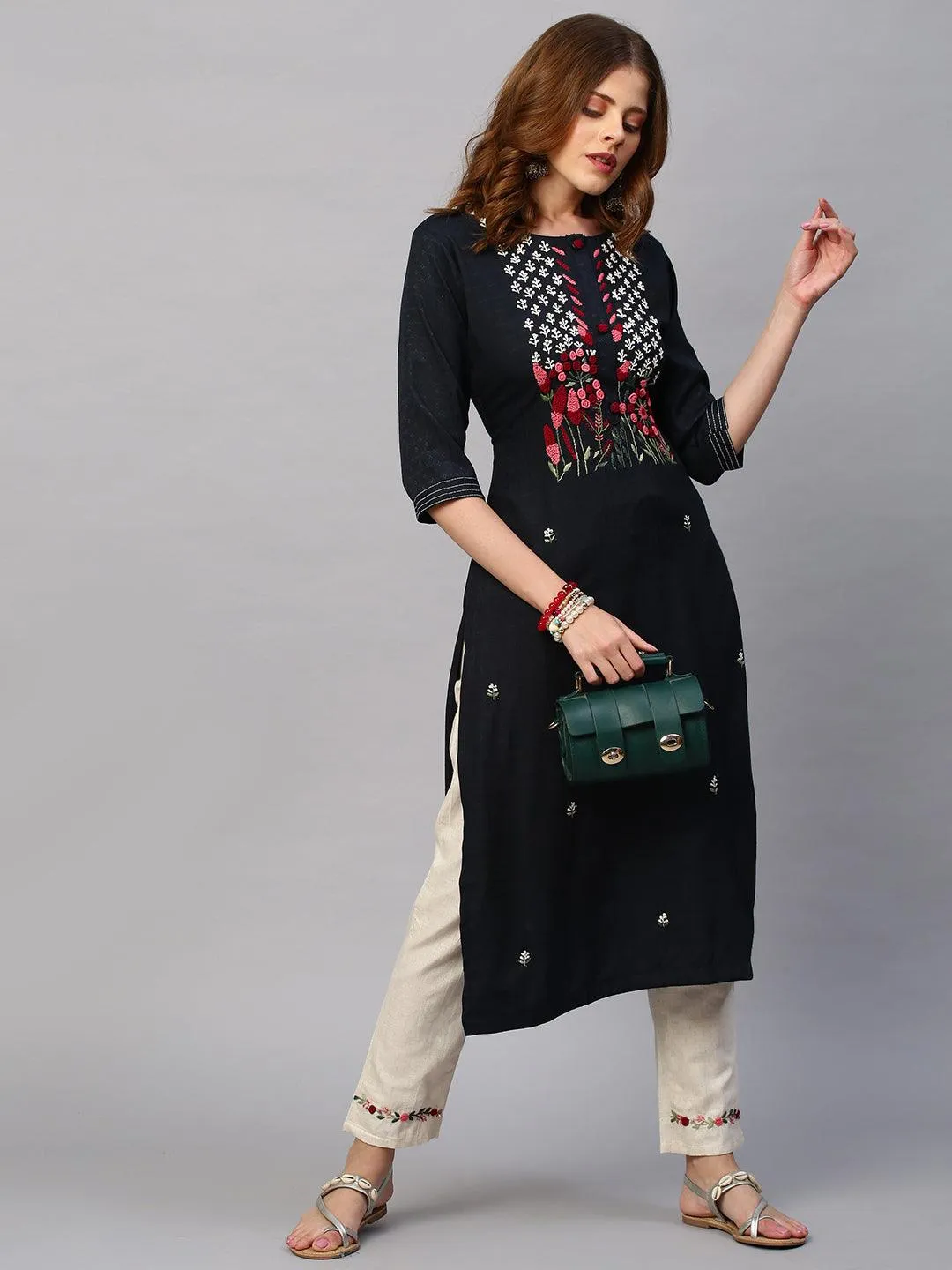 Floral Hand Embroidered Straight Kurta with Pants - Charcoal Gray