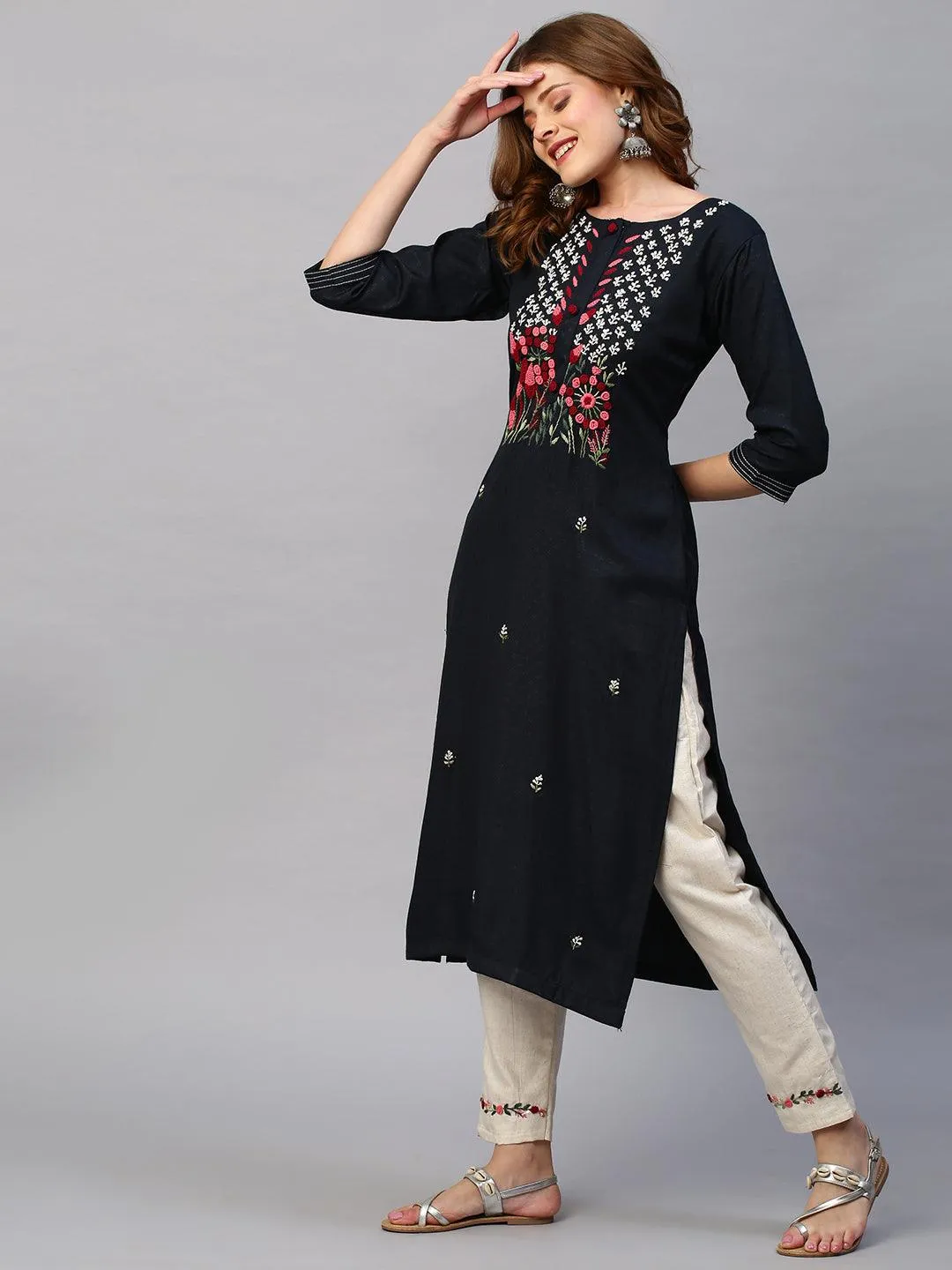 Floral Hand Embroidered Straight Kurta with Pants - Charcoal Gray
