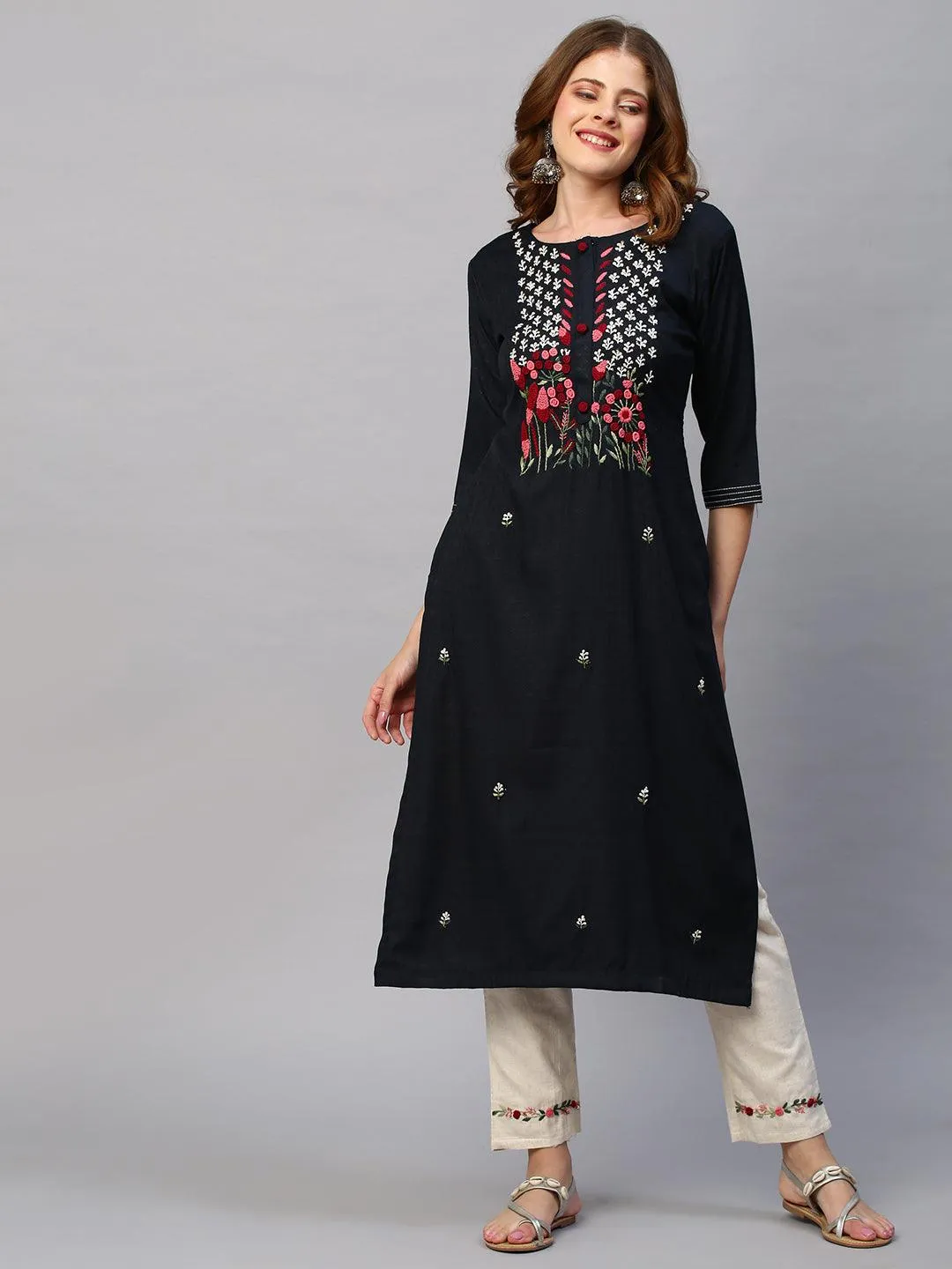 Floral Hand Embroidered Straight Kurta with Pants - Charcoal Gray