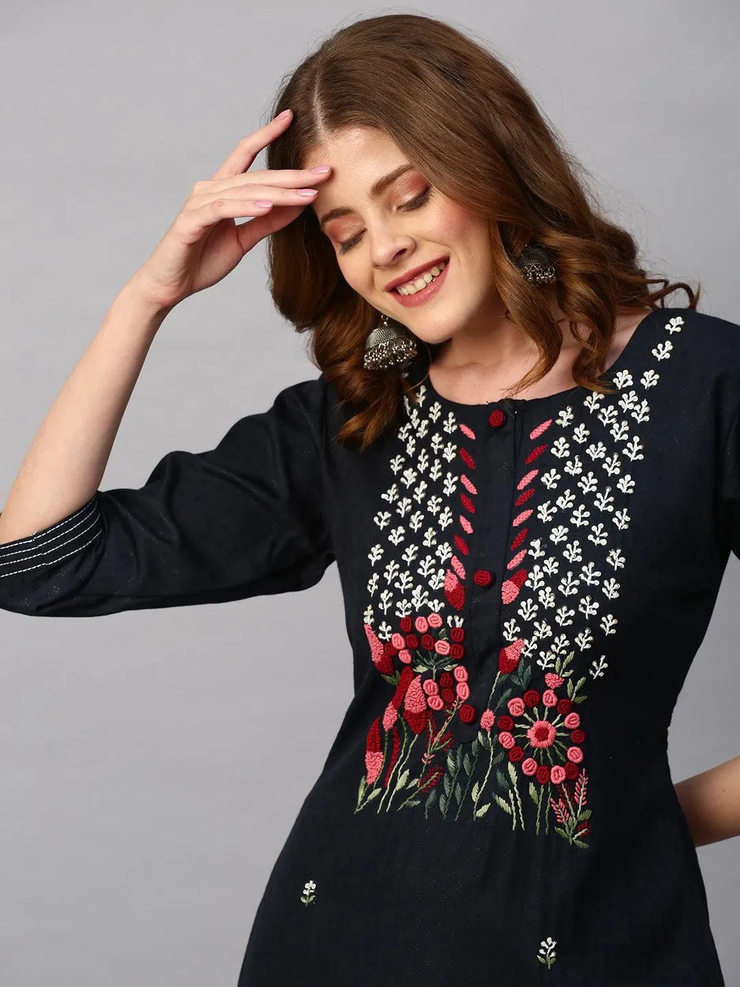 Floral Hand Embroidered Straight Kurta with Pants - Charcoal Gray