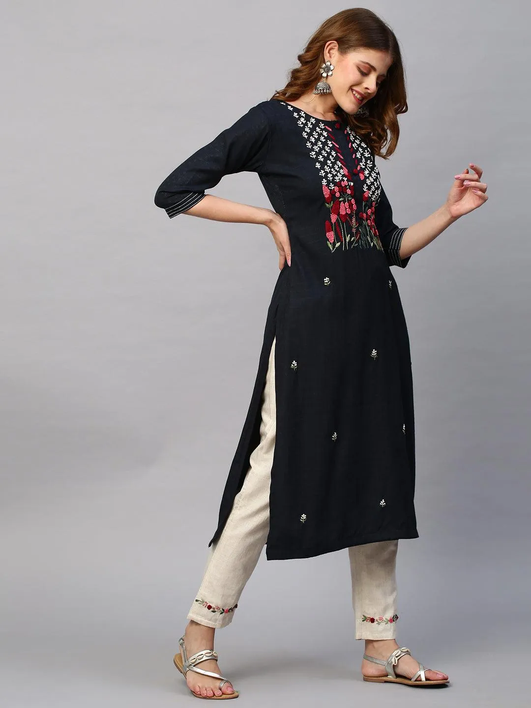 Floral Hand Embroidered Straight Kurta with Pants - Charcoal Gray