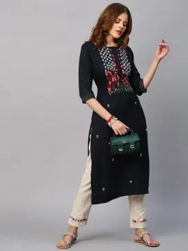 Floral Hand Embroidered Straight Kurta with Pants - Charcoal Gray