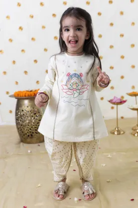 Girl Lakshmi Embroidered Premium Cotton Suit Set - Cream