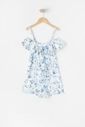 Girls Soft Blue Floral Cold Shoulder Peasant Romper
