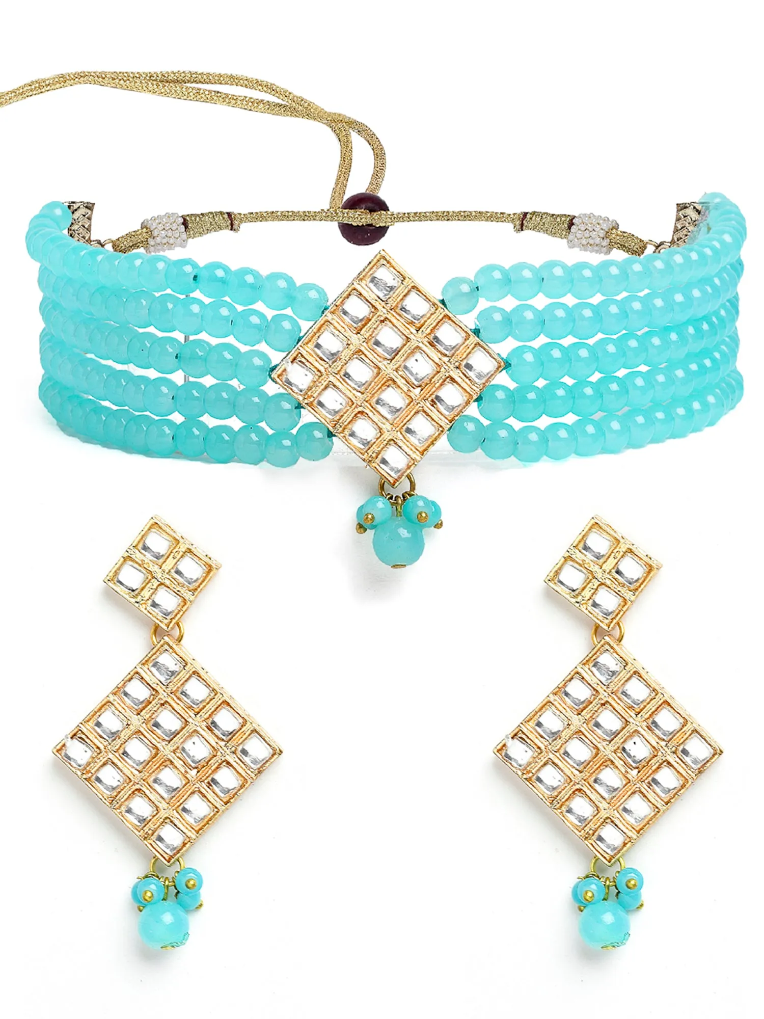 Gold Plated Blue Beaded Kundan Choker Necklace Set
