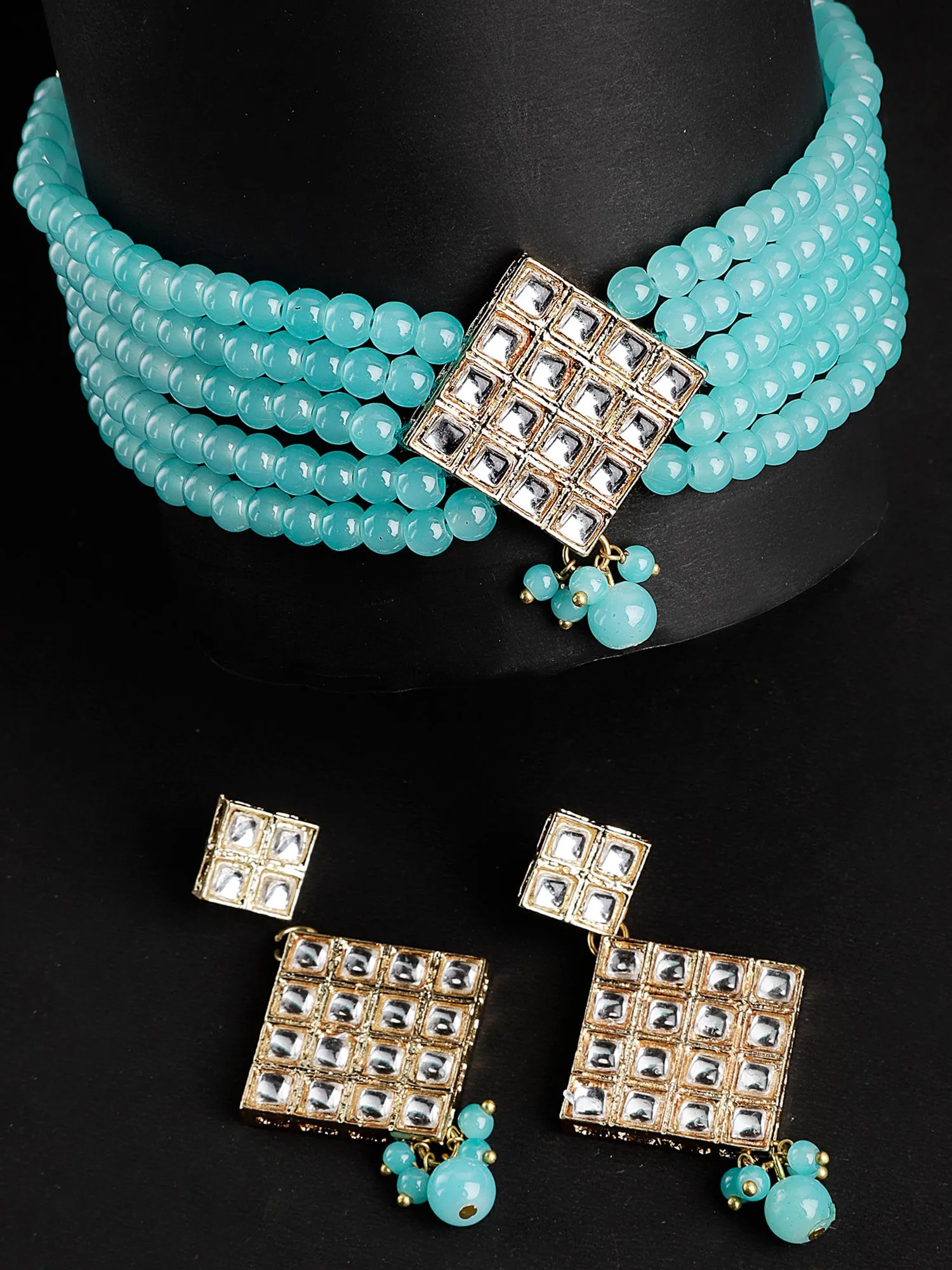 Gold Plated Blue Beaded Kundan Choker Necklace Set