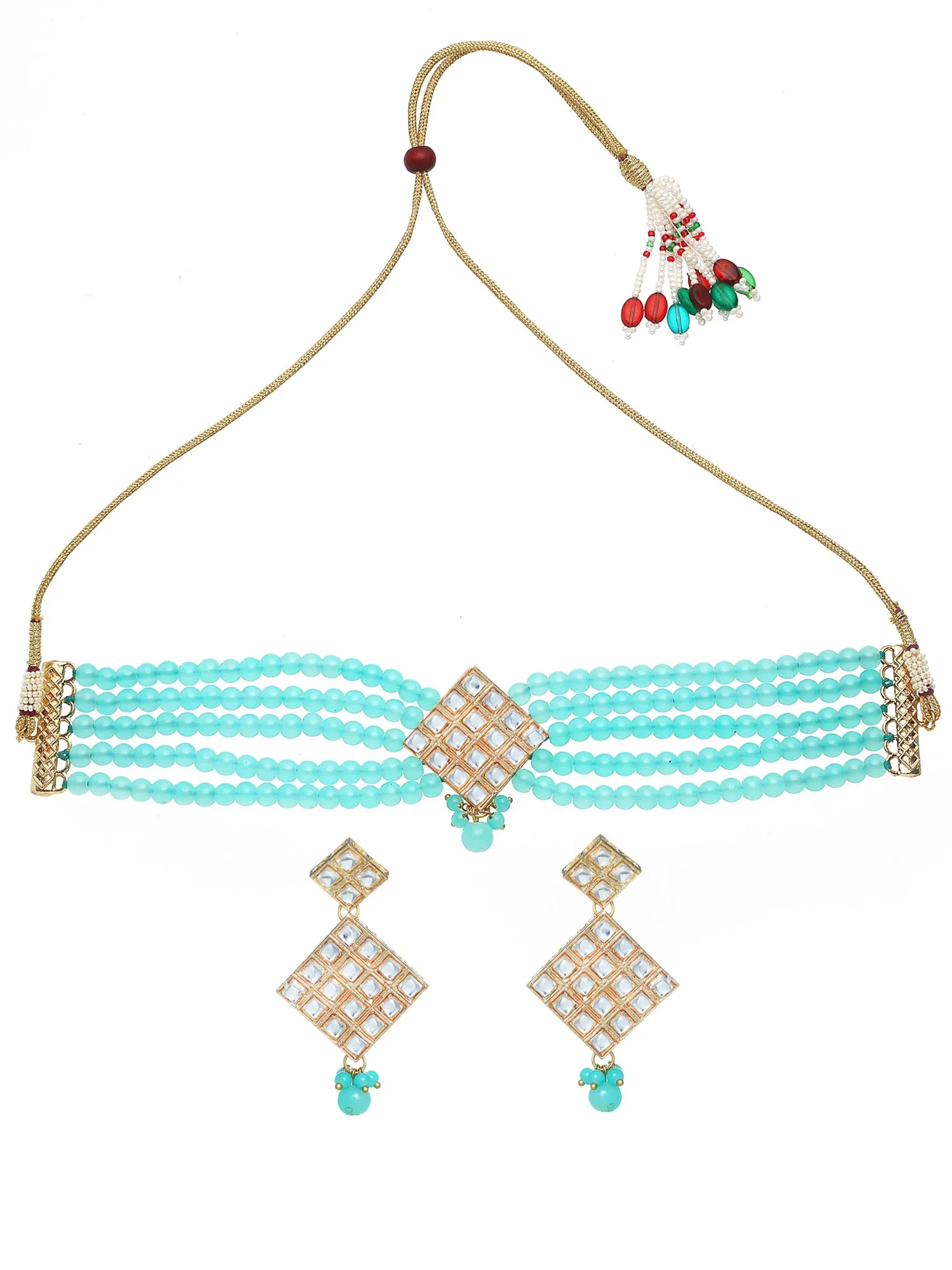 Gold Plated Blue Beaded Kundan Choker Necklace Set
