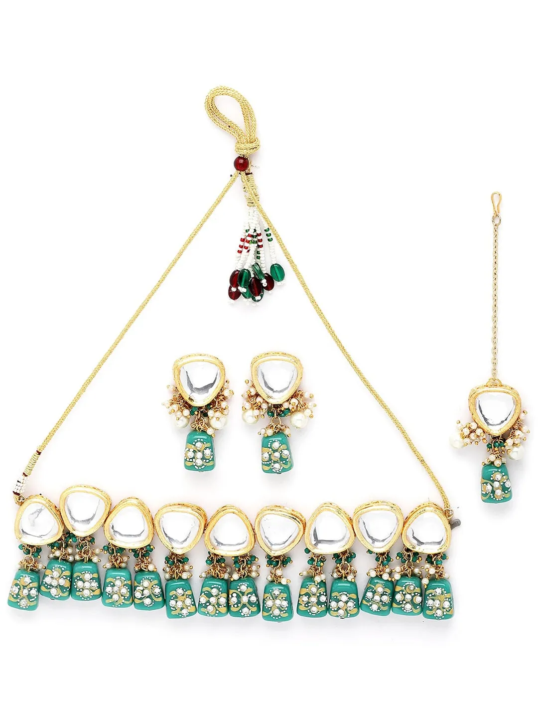 Gold Plated Dark Green Tumble Studded Polki Kundan Choker Necklace Set