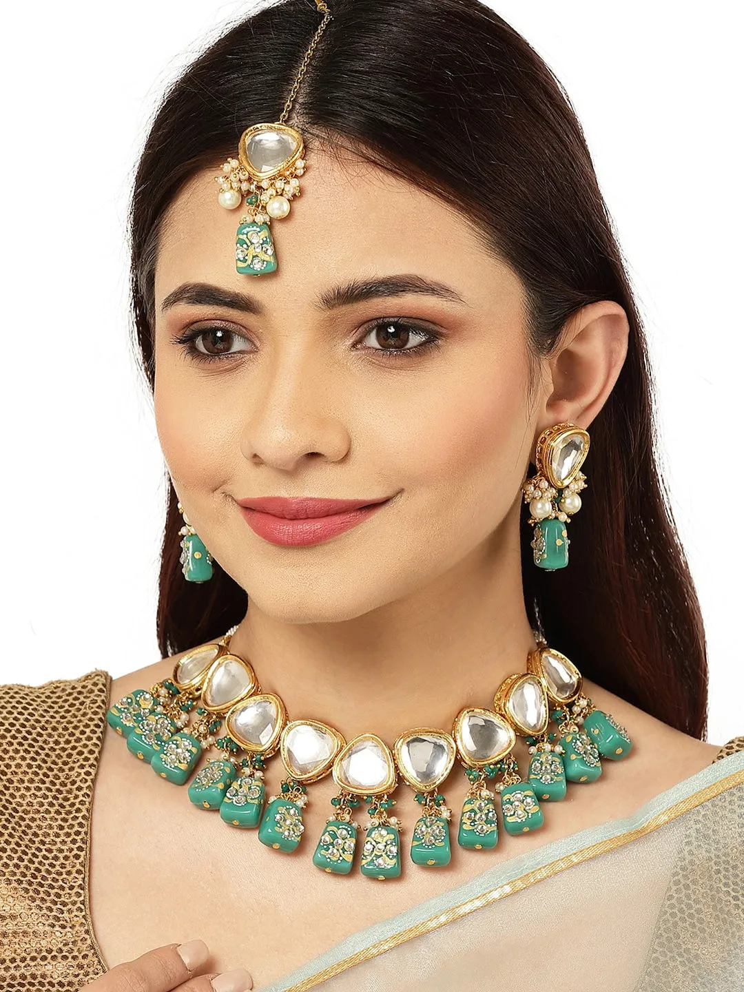 Gold Plated Dark Green Tumble Studded Polki Kundan Choker Necklace Set