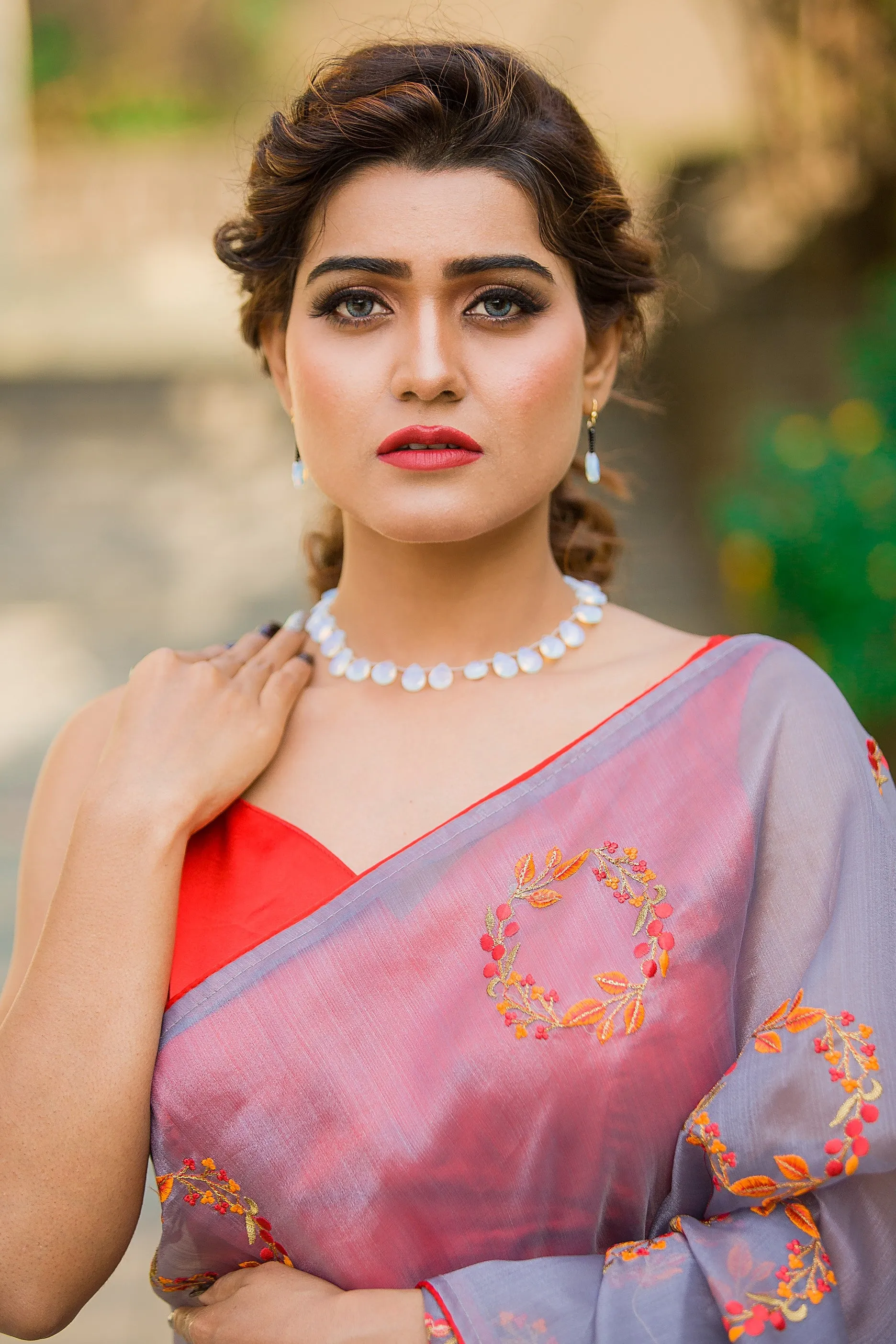 Gray Floral Organza Saree