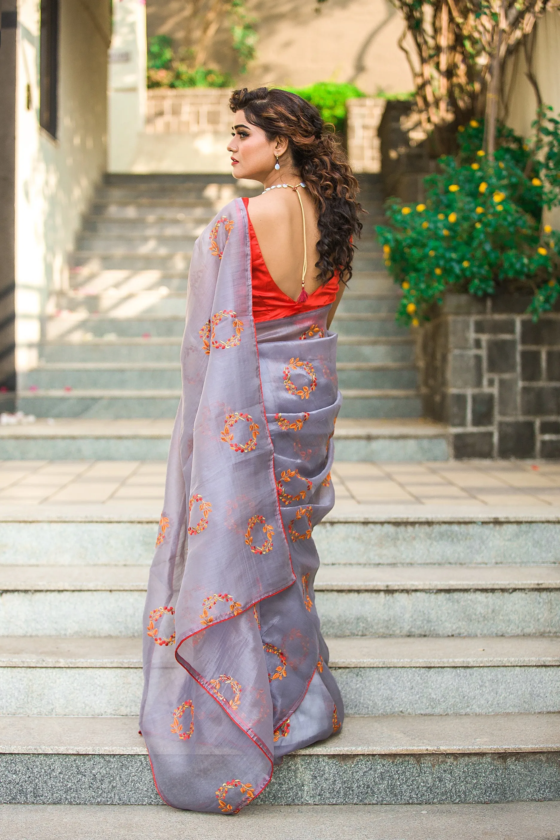 Gray Floral Organza Saree