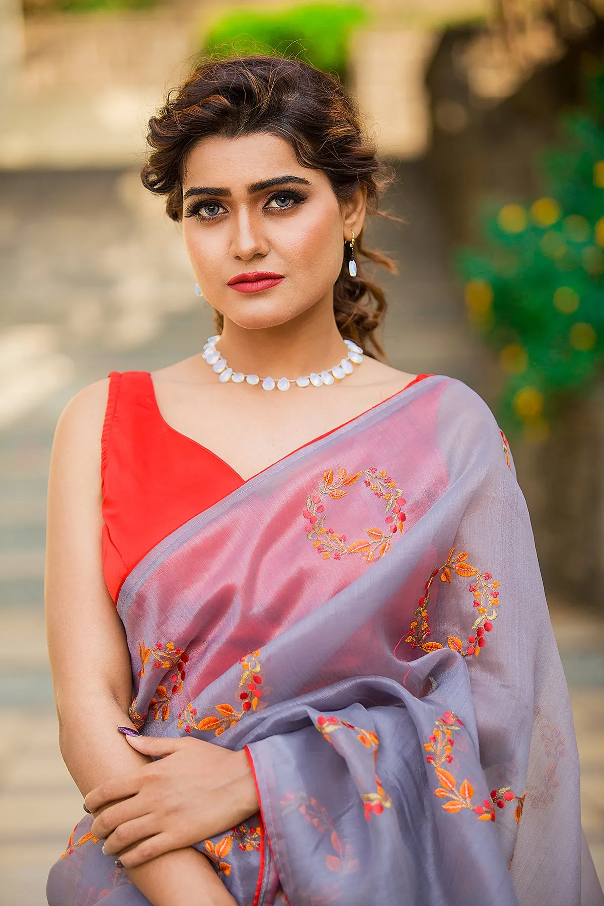 Gray Floral Organza Saree