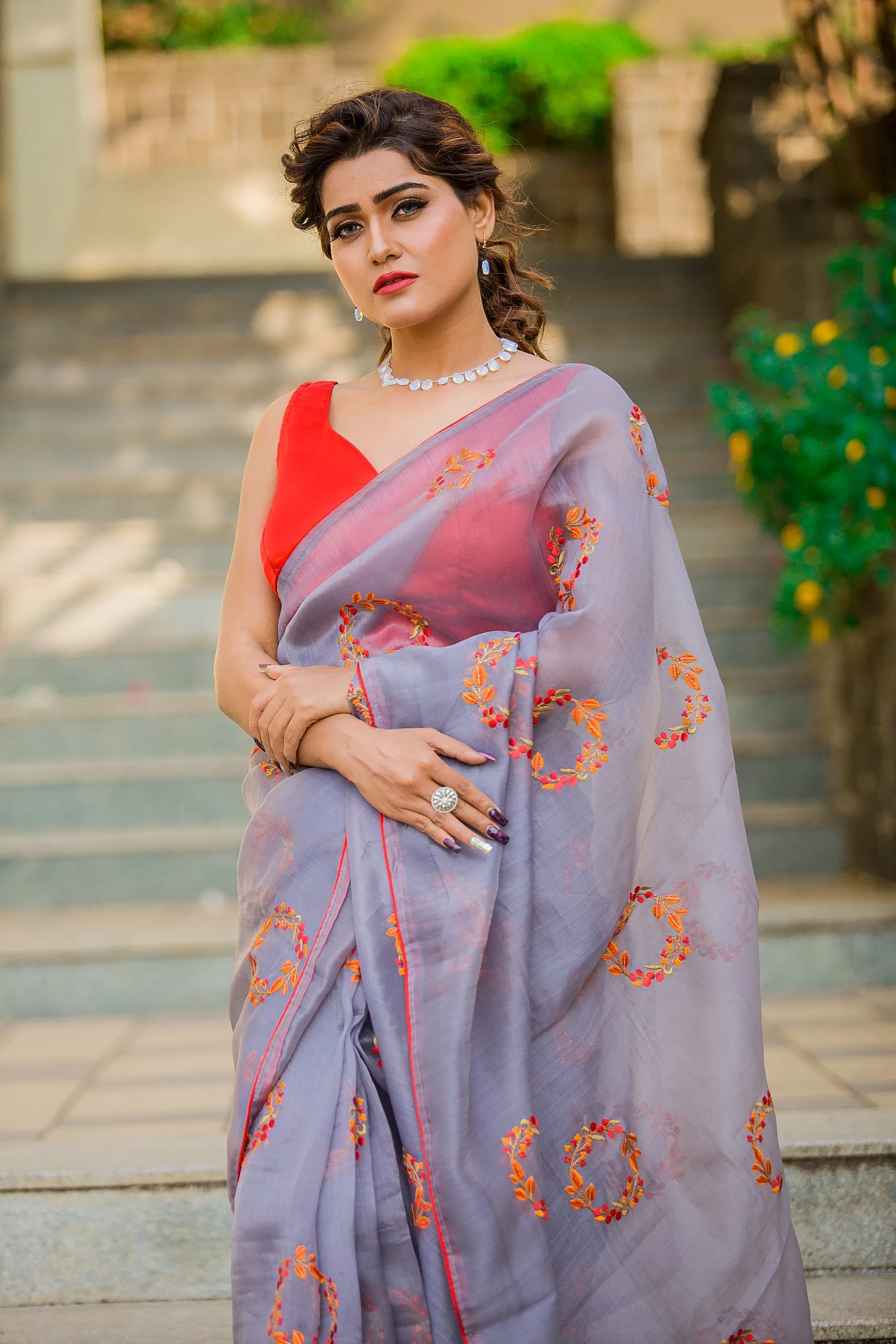 Gray Floral Organza Saree