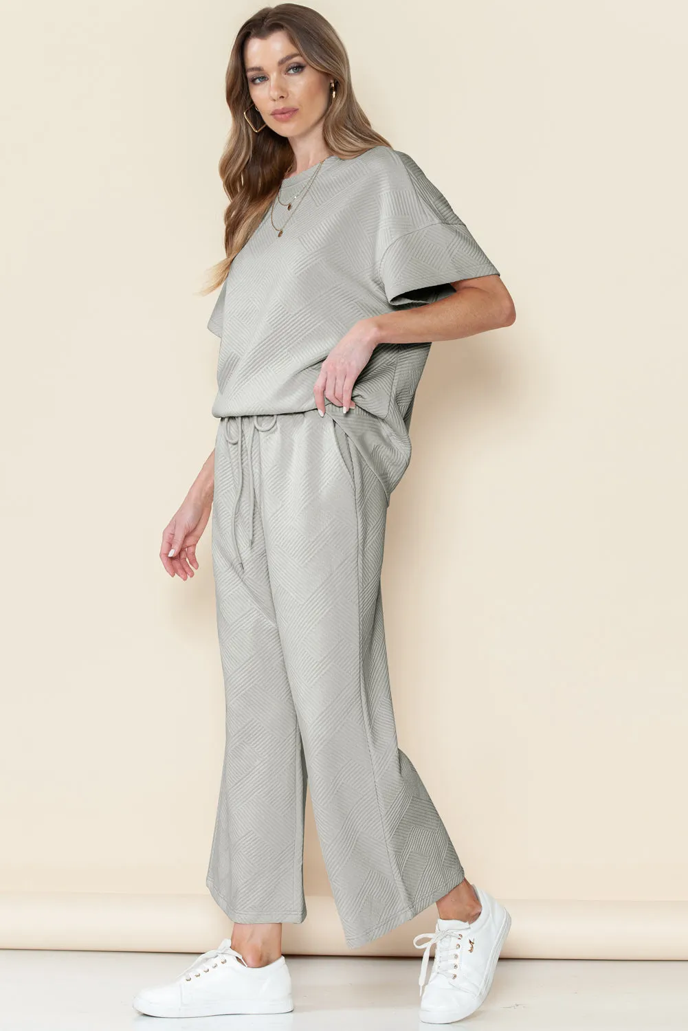 Gray Textured Loose Fit T Shirt & Drawstring Pants Set