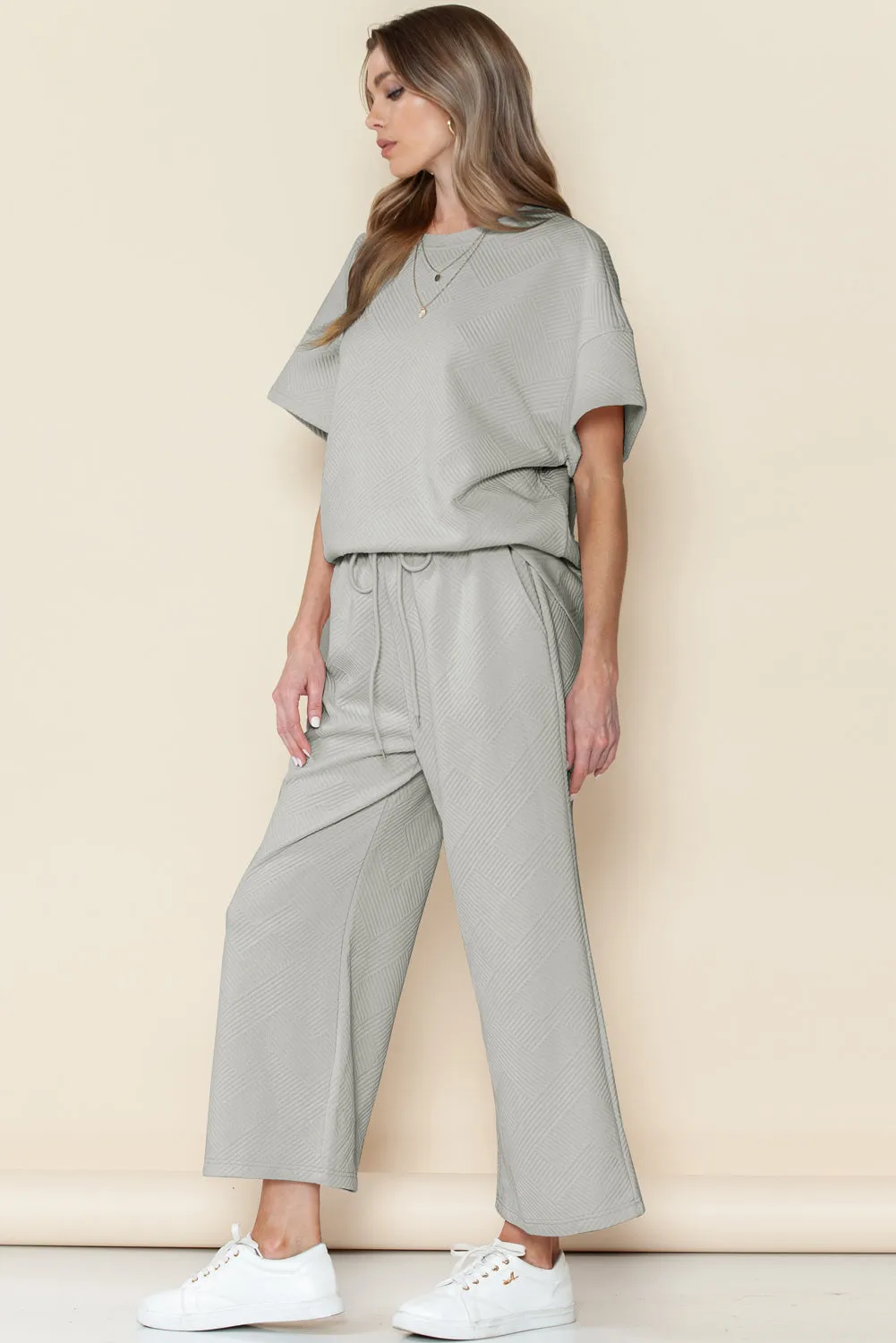 Gray Textured Loose Fit T Shirt & Drawstring Pants Set