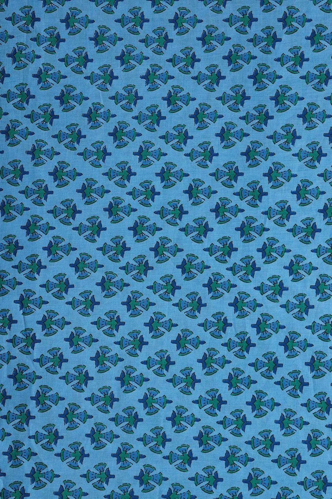Green And Carolina Blue Floral Print On Pure Cotton Fabric
