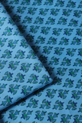 Green And Carolina Blue Floral Print On Pure Cotton Fabric