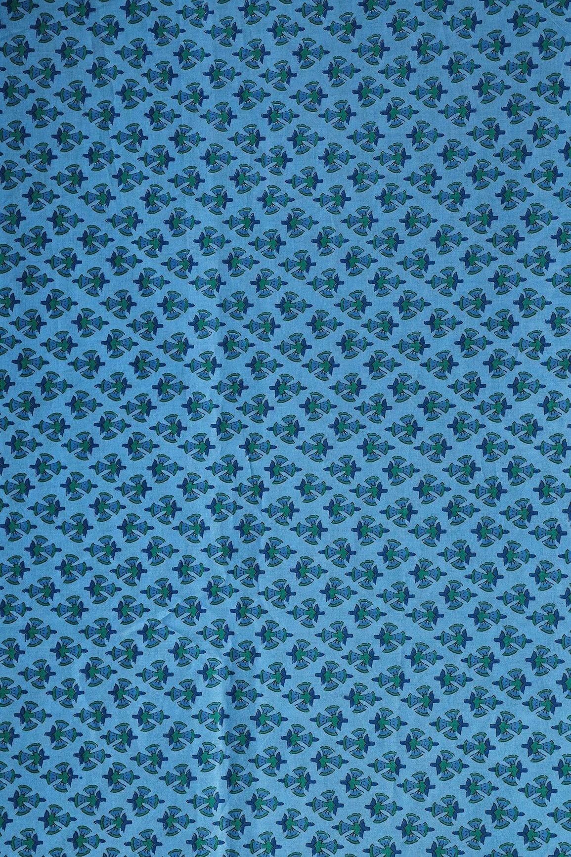 Green And Carolina Blue Floral Print On Pure Cotton Fabric