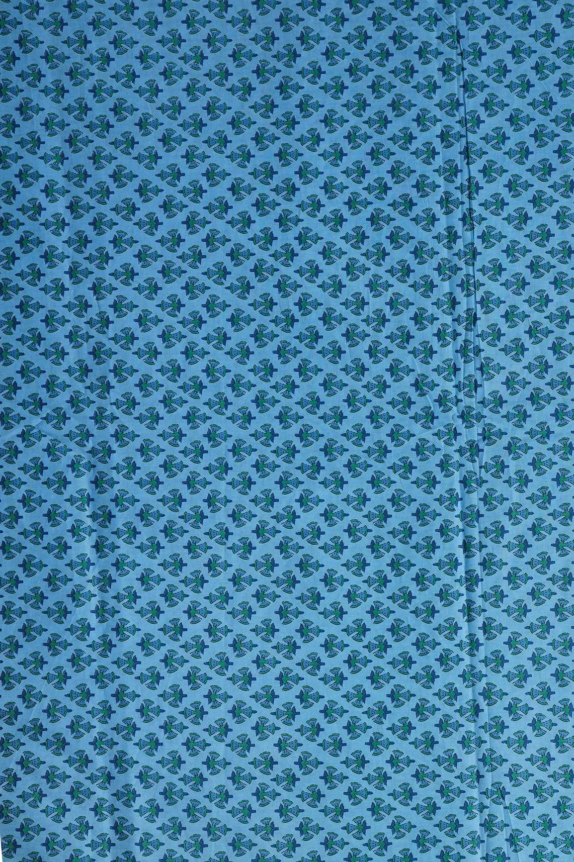 Green And Carolina Blue Floral Print On Pure Cotton Fabric