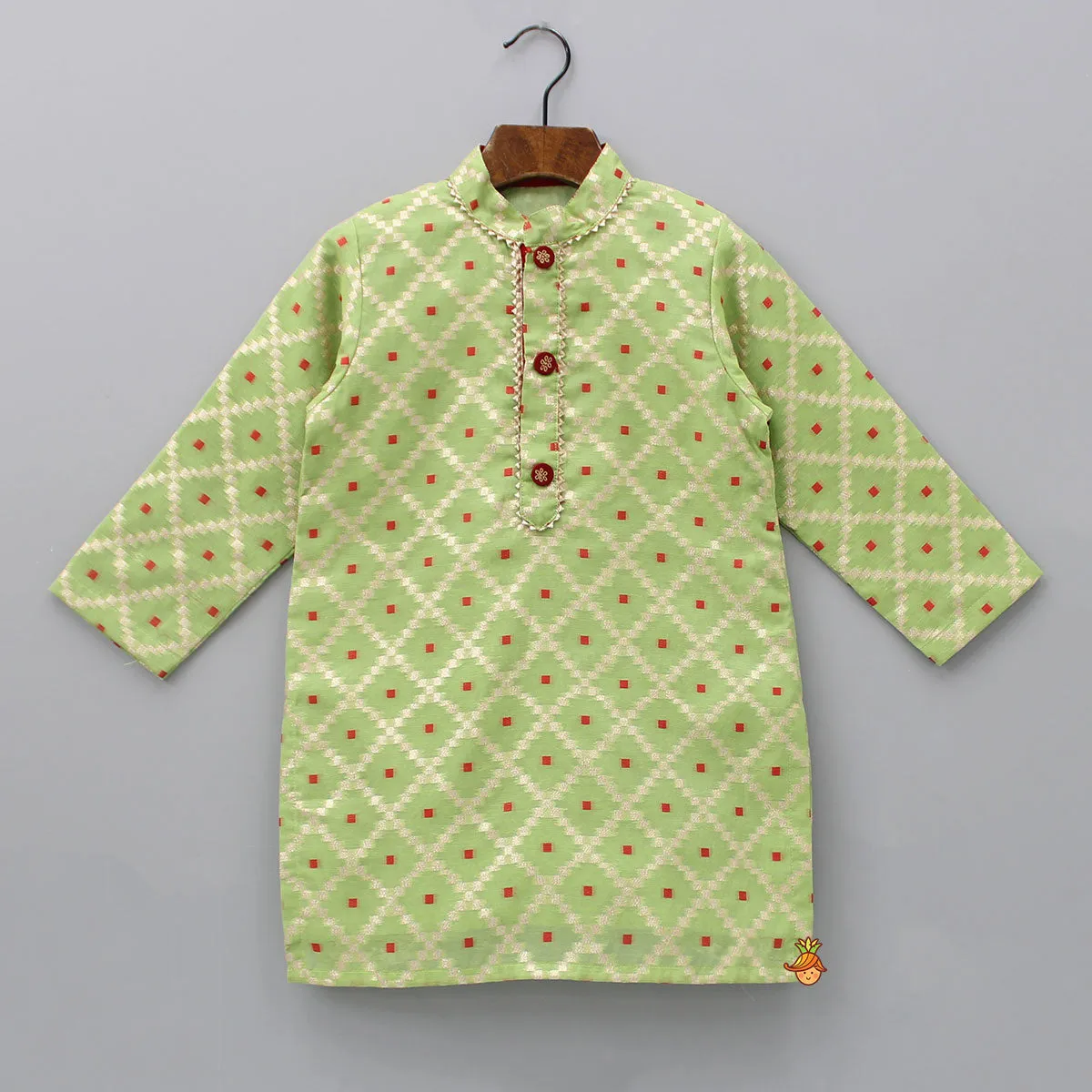 Green Kurta With Checks Embroidery And White Pyjama