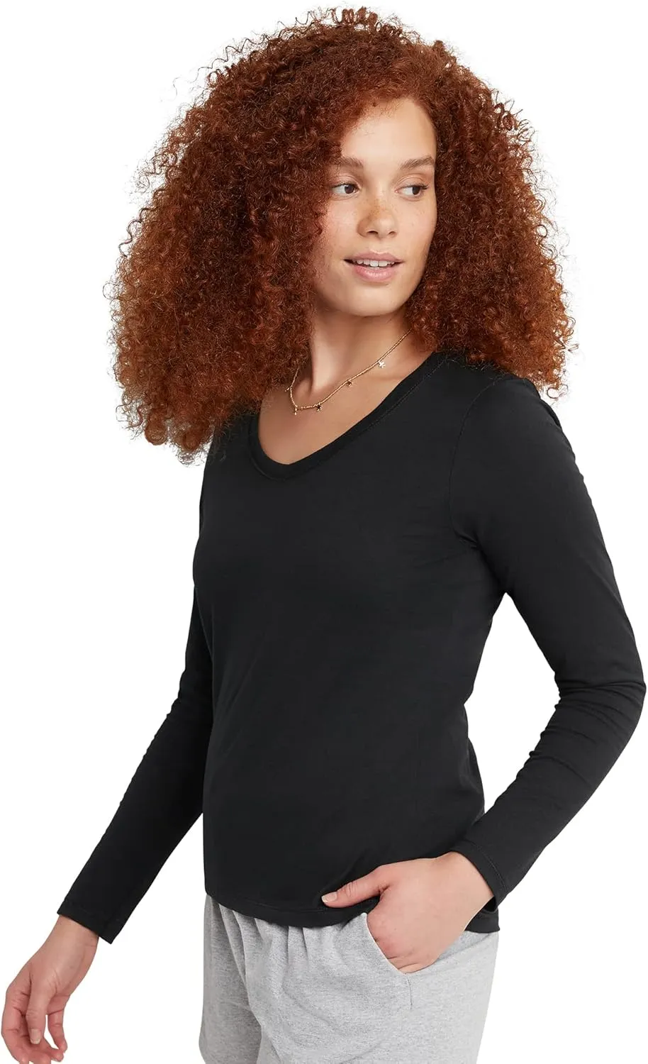 Hanes Womens Originals Long Sleeve Cotton V-Neck T-Shirt, Lightweight V-Neck Tee, Modern Fit
