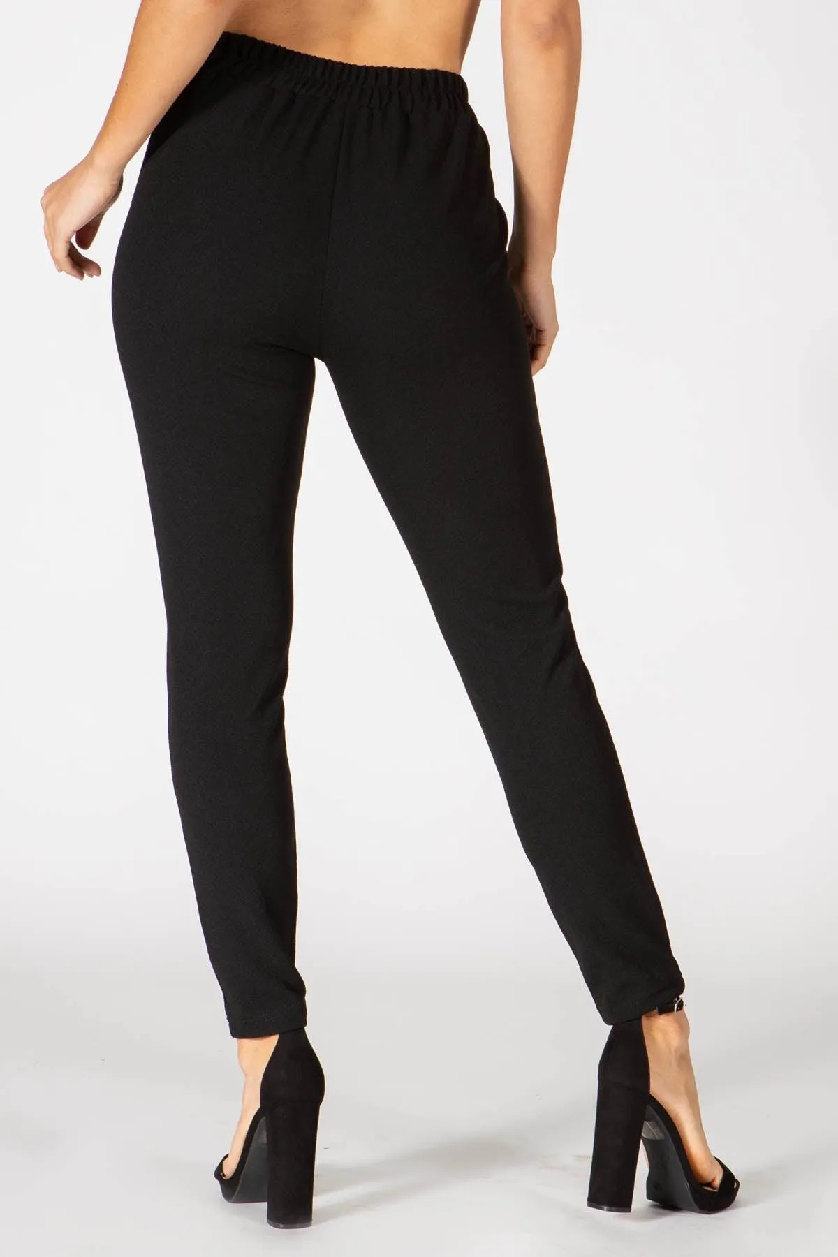 High Waist Textured Knit Slim Fit Pleat Pants - Black